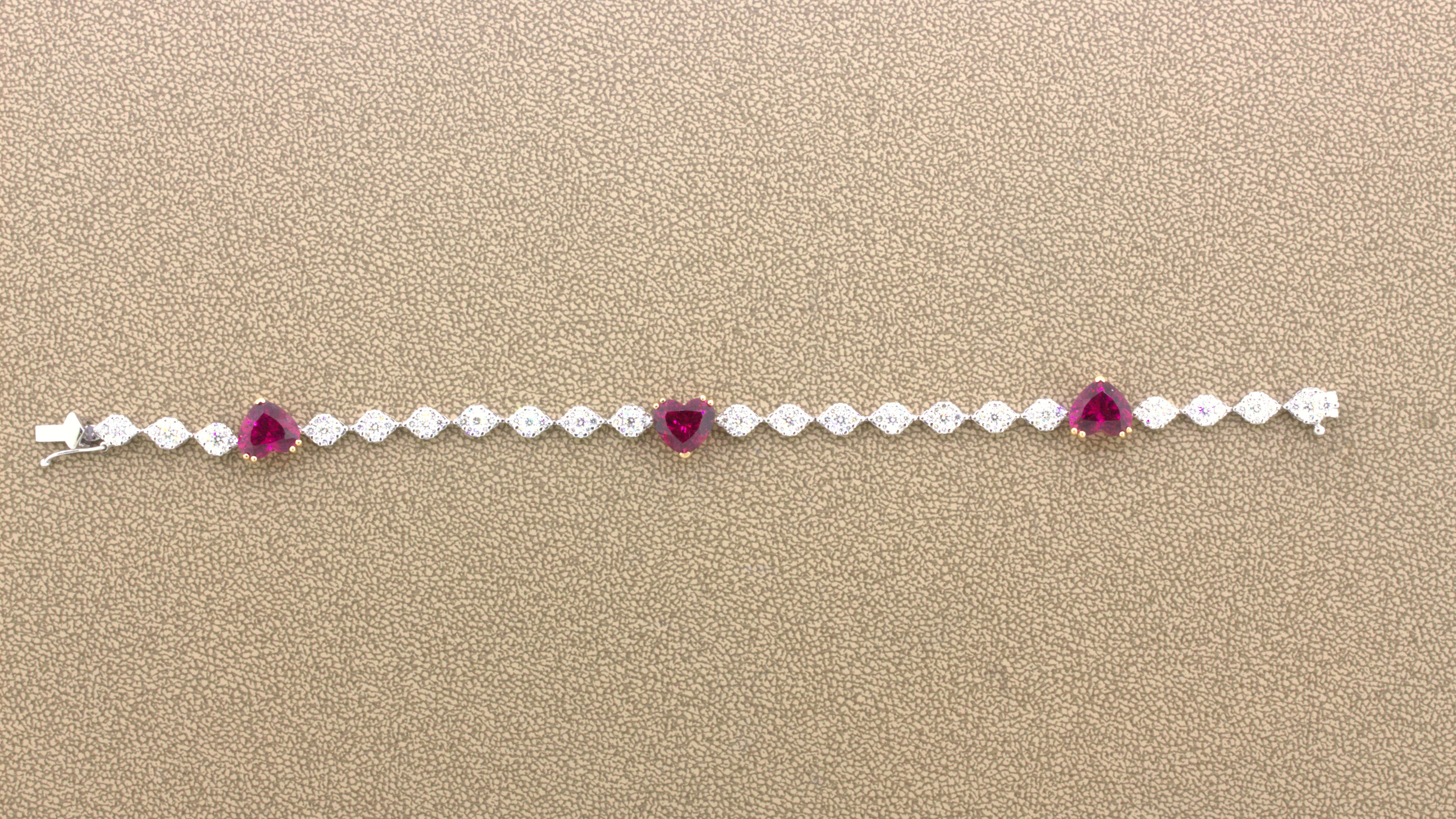 Rubellite Tourmaline Diamond 18K White Gold Heart Tennis Bracelet