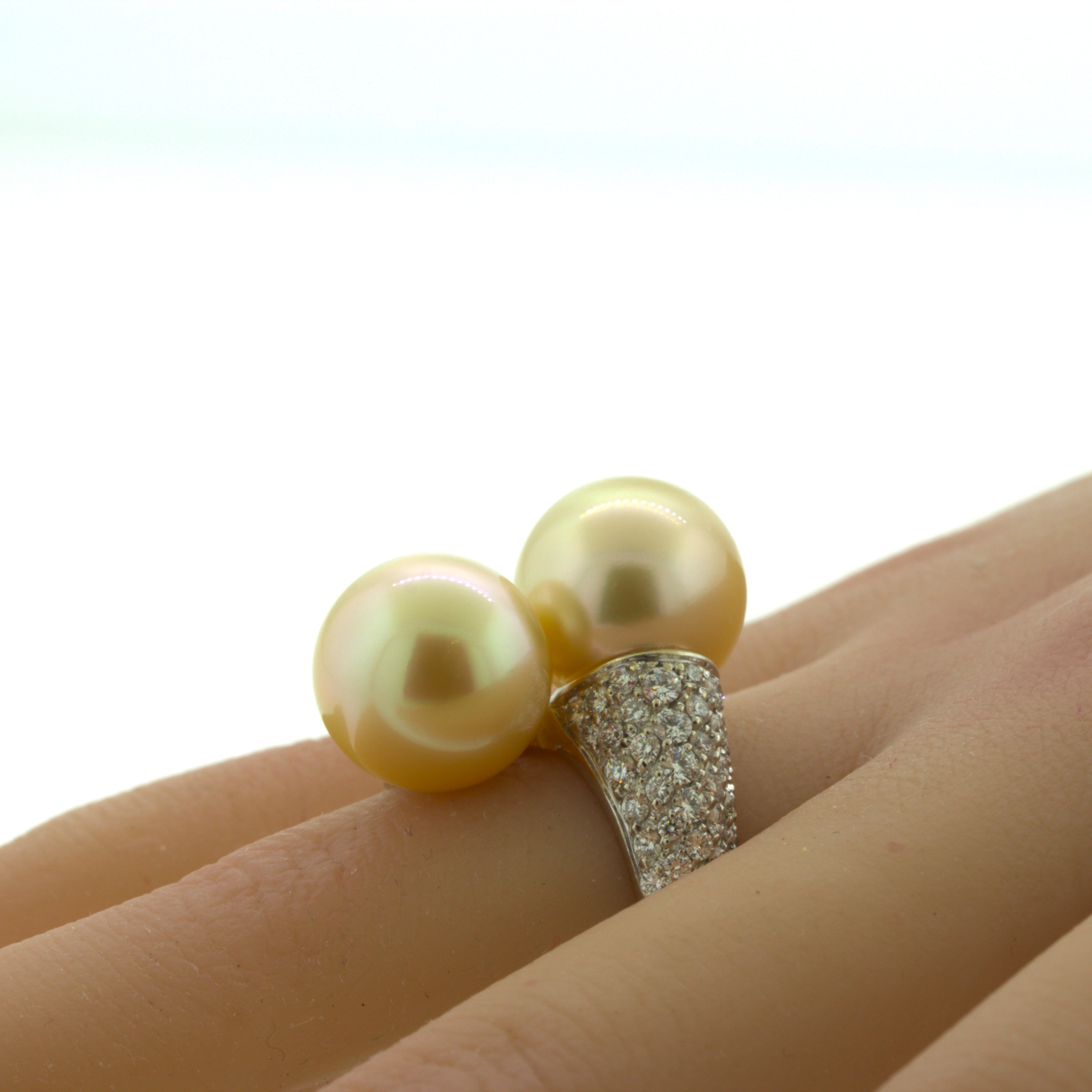 South Sea Golden Pearl Diamond 18K White Gold Bypass Ring