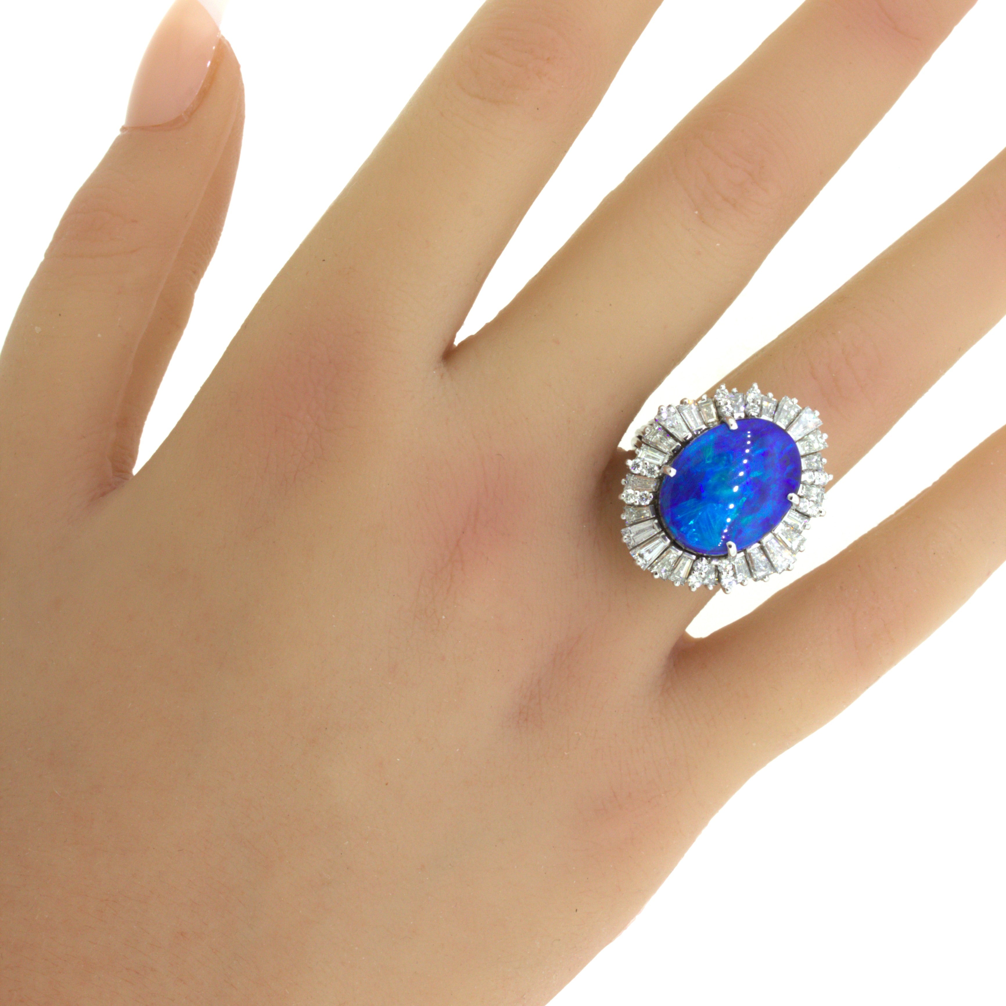 11.32 Carat Australian Boulder Opal Diamond Sunburst 18k White Gold Ring