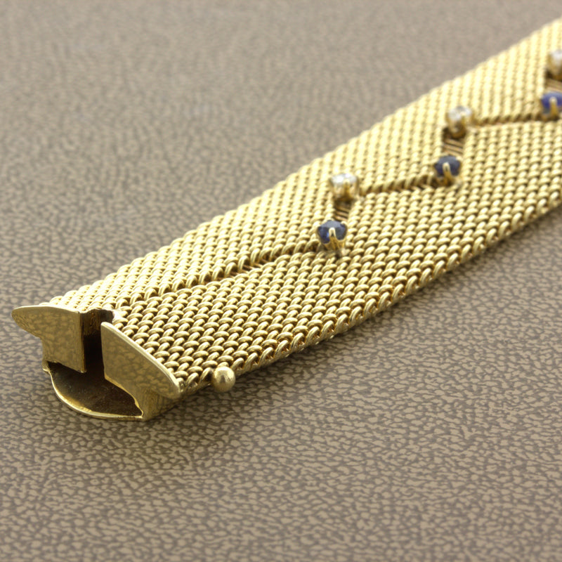 Retro Diamond Sapphire 14k Yellow Gold Mesh Bracelet