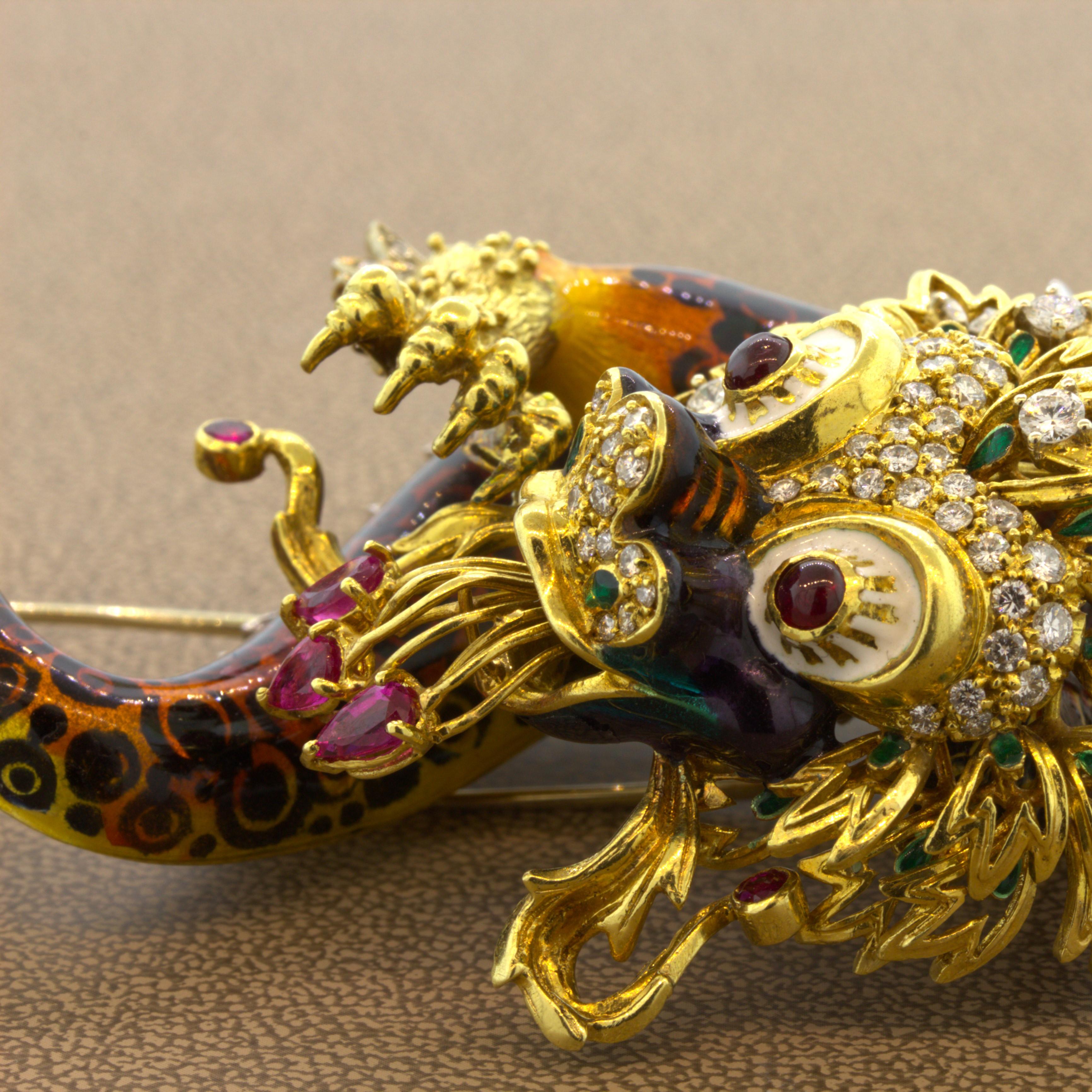 Large Diamond Enamel Dragon 18K Yellow Gold Brooch