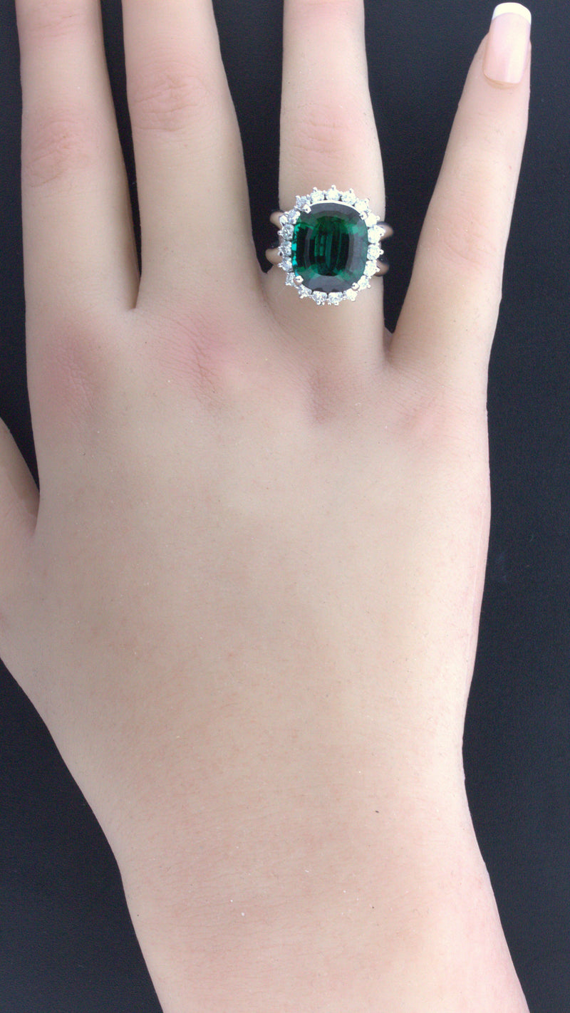 11.10 Carat Green Tourmaline Diamond Halo 14k White Gold Ring