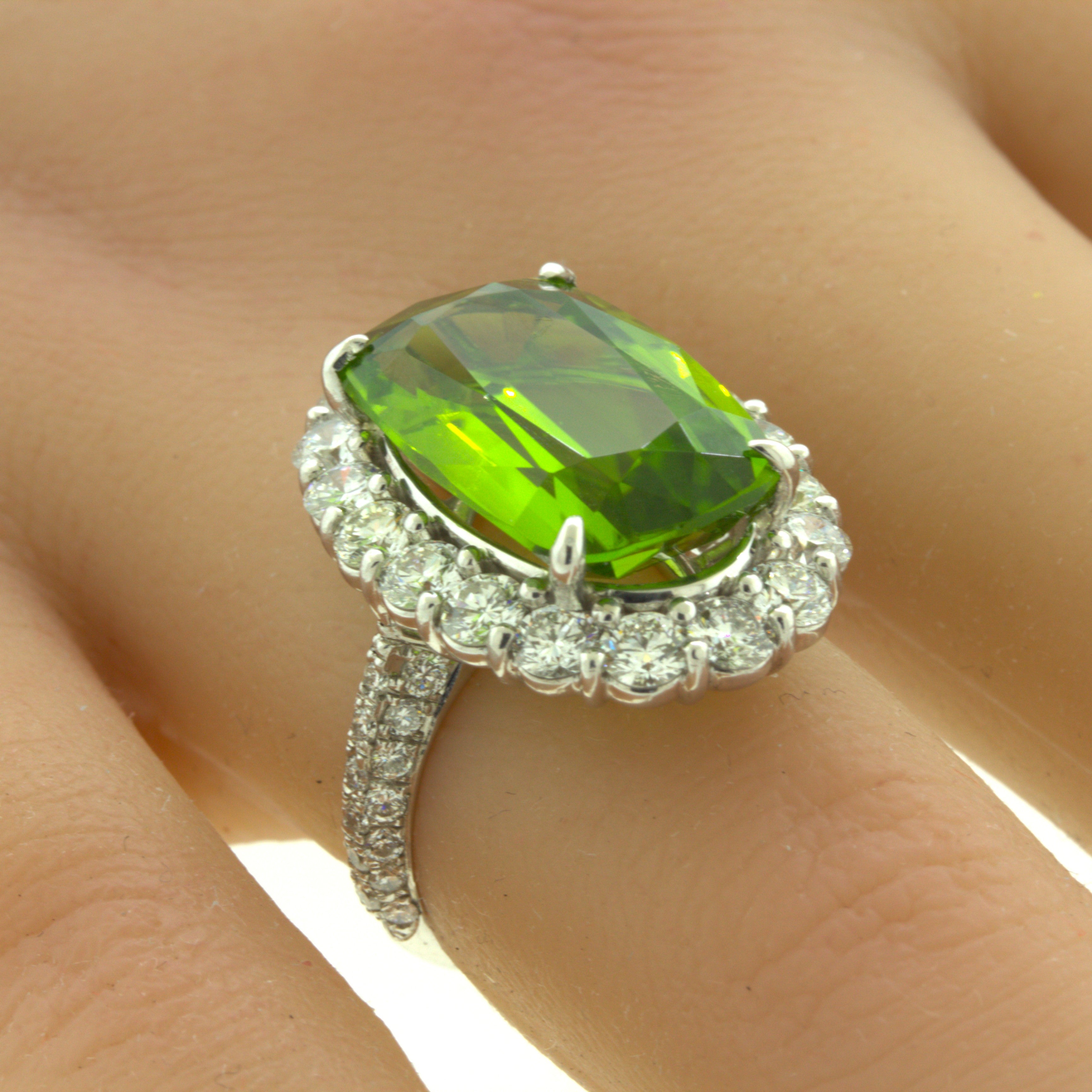 11.52 Carat Peridot Diamond Halo Platinum Ring