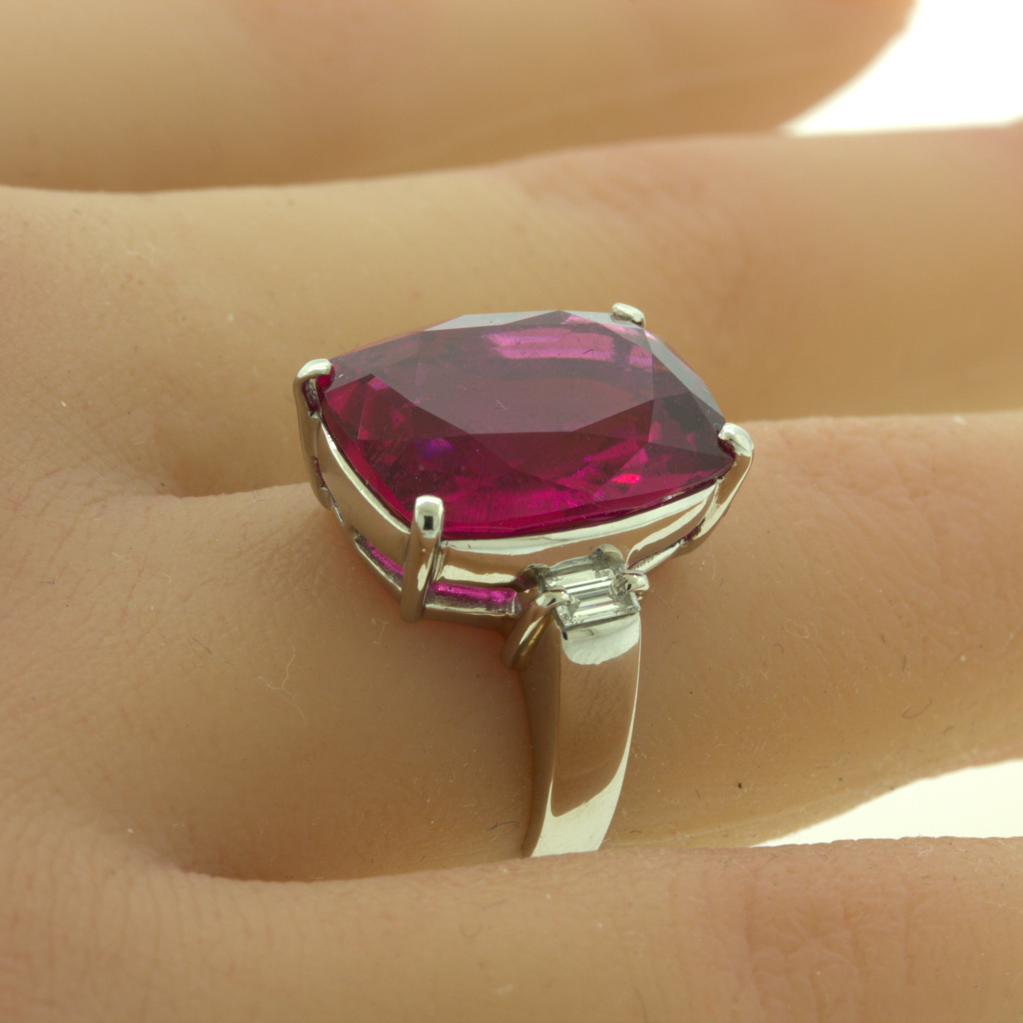 10.44 Carat Rubellite Tourmaline Diamond Platinum 3-Stone Ring