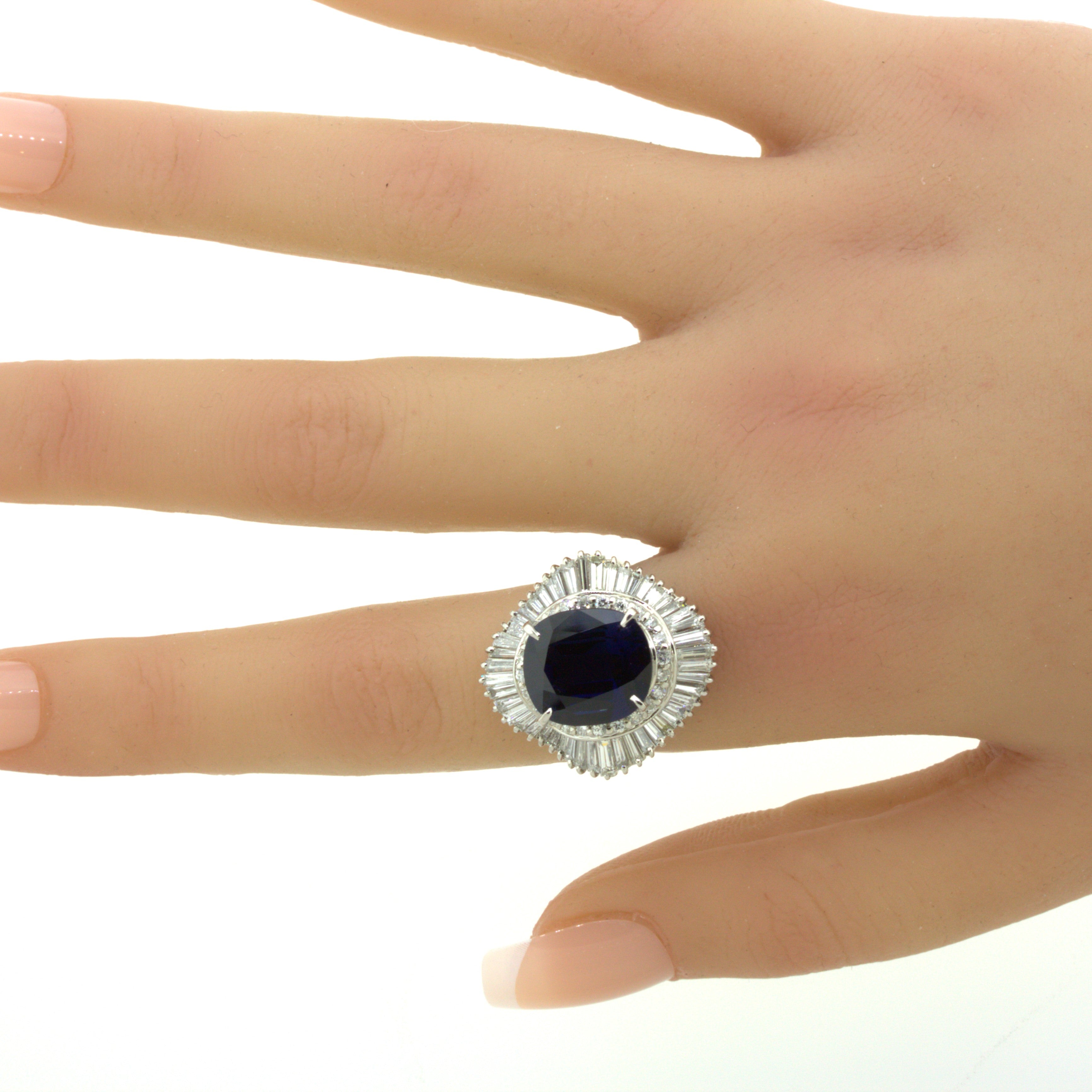 7.73 Carat No-Heat Blue Sapphire Diamond Platinum Ballerina Ring, GIA Certified