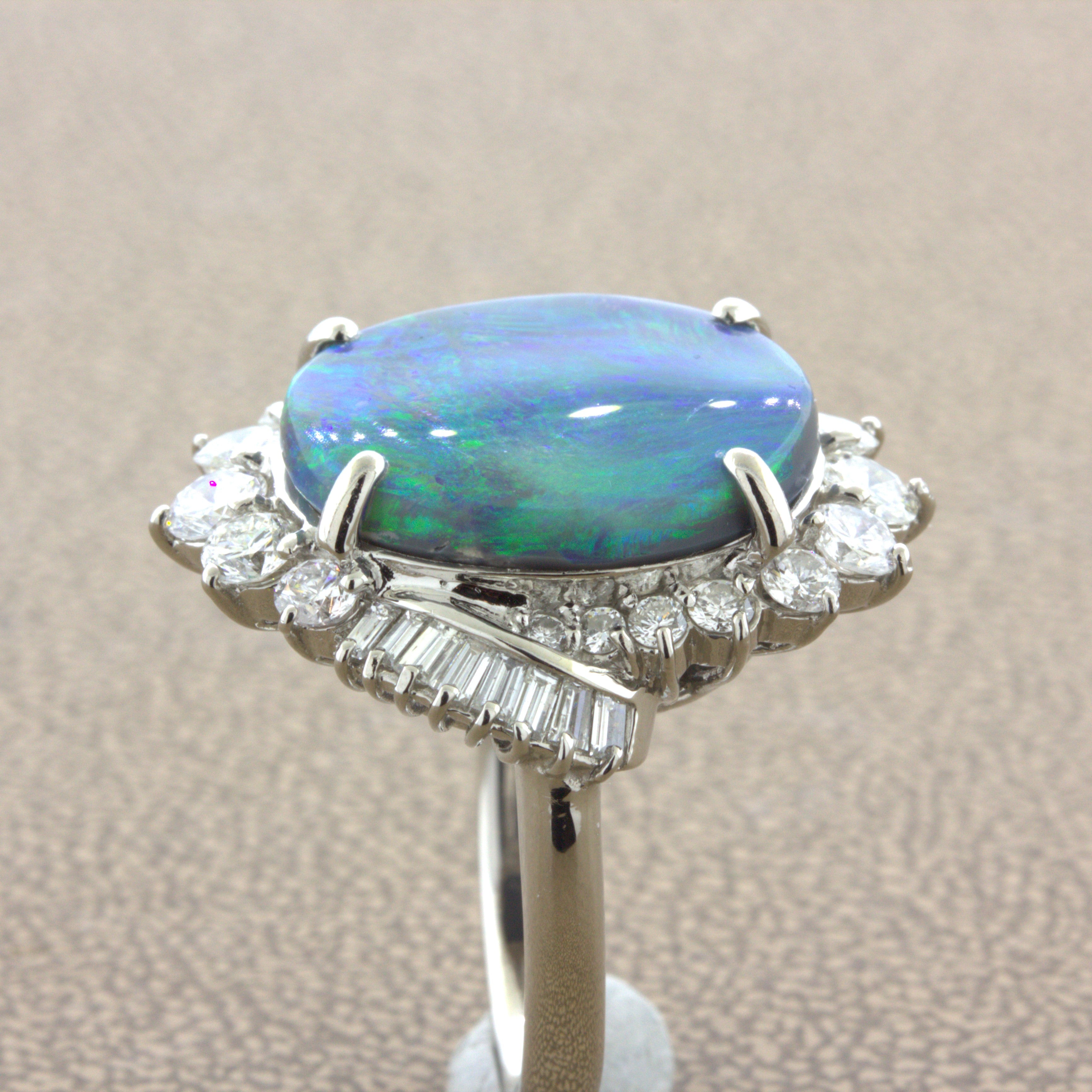 6.79 Carat Australian Black Opal Diamond Platinum Cocktail Ring