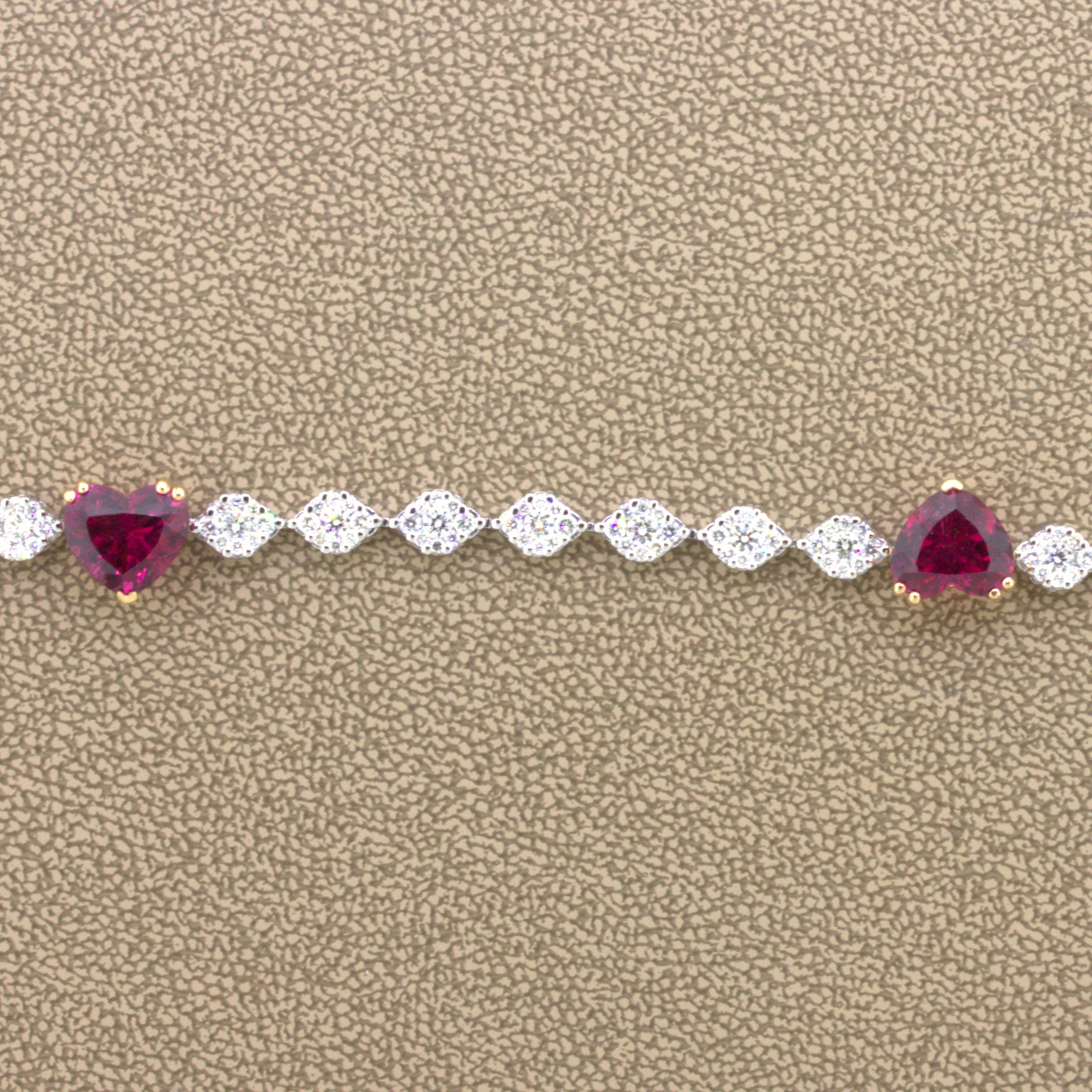 Rubellite Tourmaline Diamond 18K White Gold Heart Tennis Bracelet