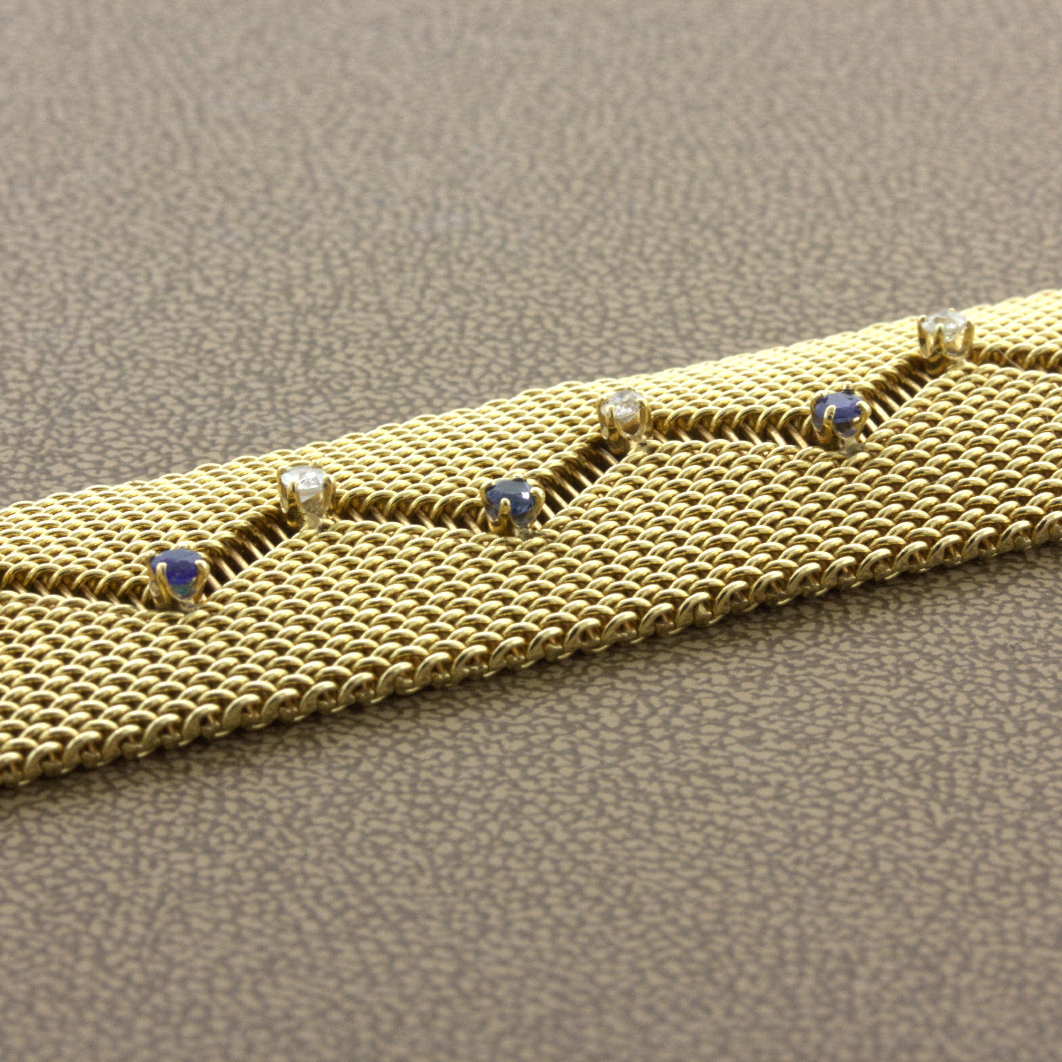 Retro Diamond Sapphire 14k Yellow Gold Mesh Bracelet