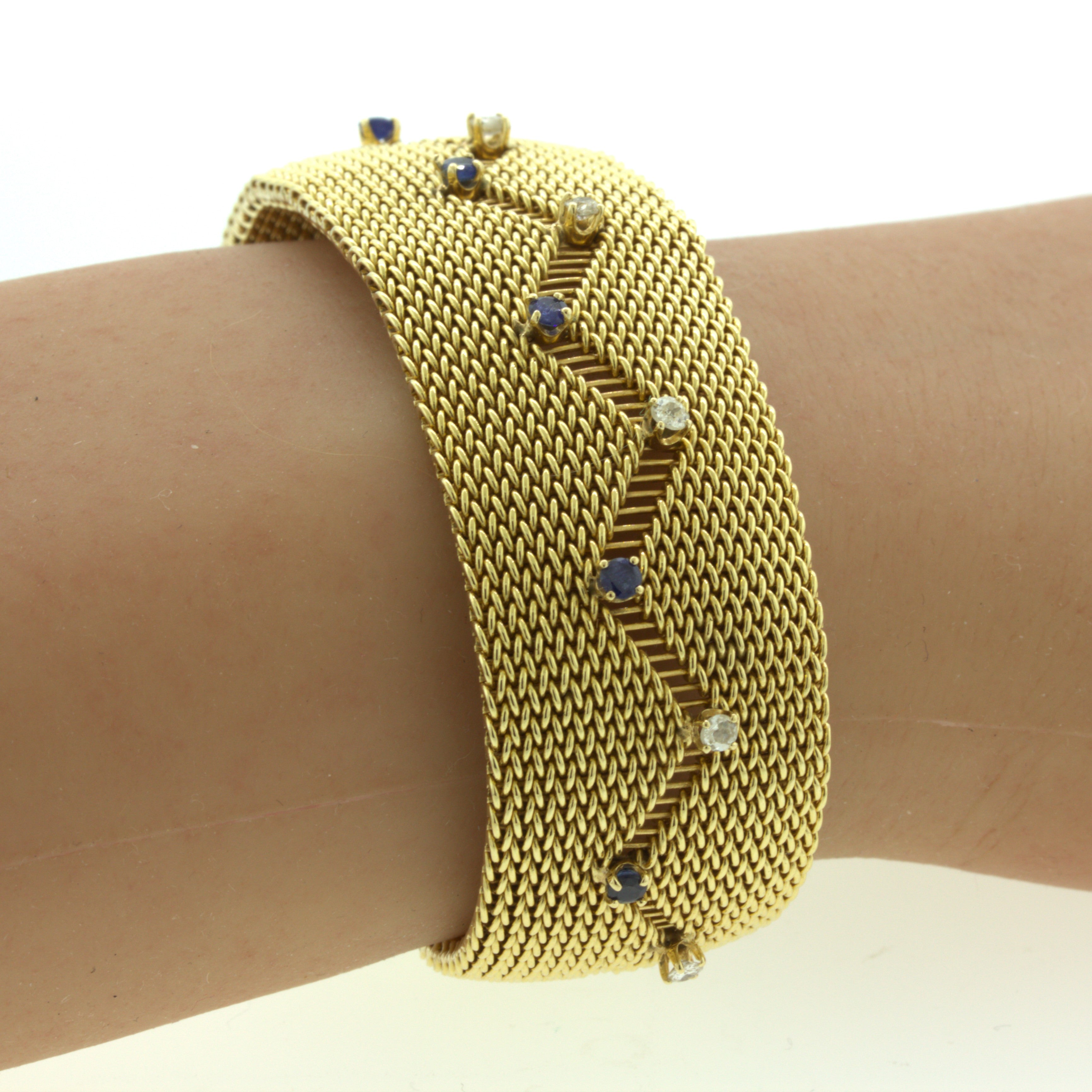 Retro Diamond Sapphire 14k Yellow Gold Mesh Bracelet