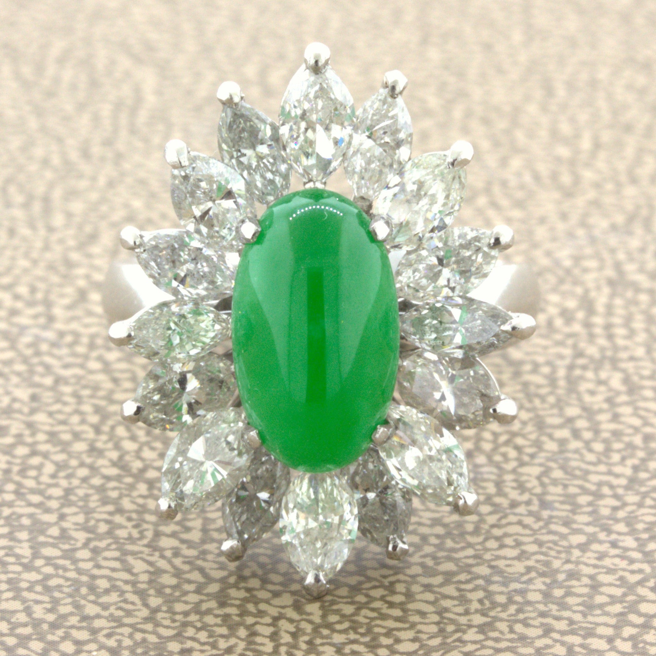 4.13 Carat Jadeite Jade Diamond Sunburst Platinum Ring, GIA Certified “Type A”