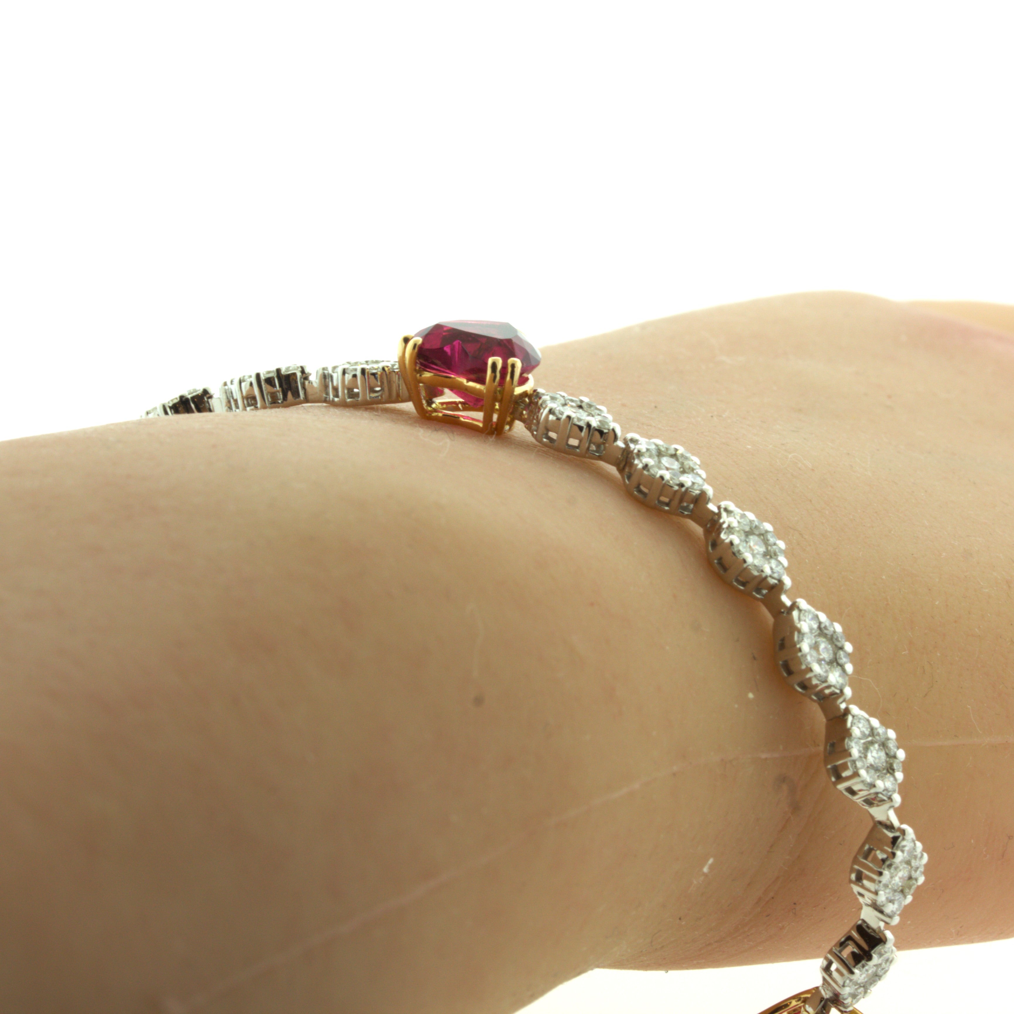 Rubellite Tourmaline Diamond 18K White Gold Heart Tennis Bracelet