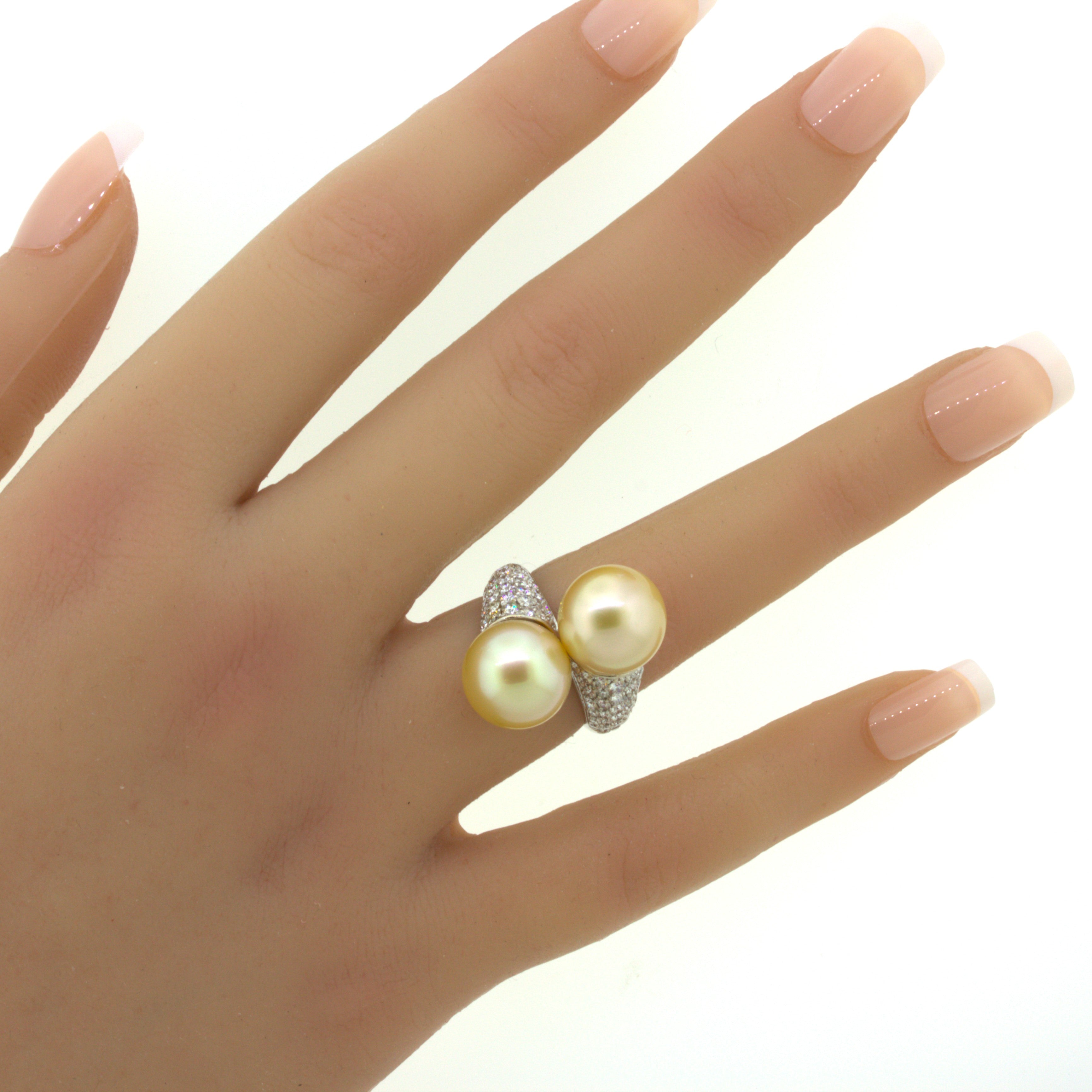 South Sea Golden Pearl Diamond 18K White Gold Bypass Ring