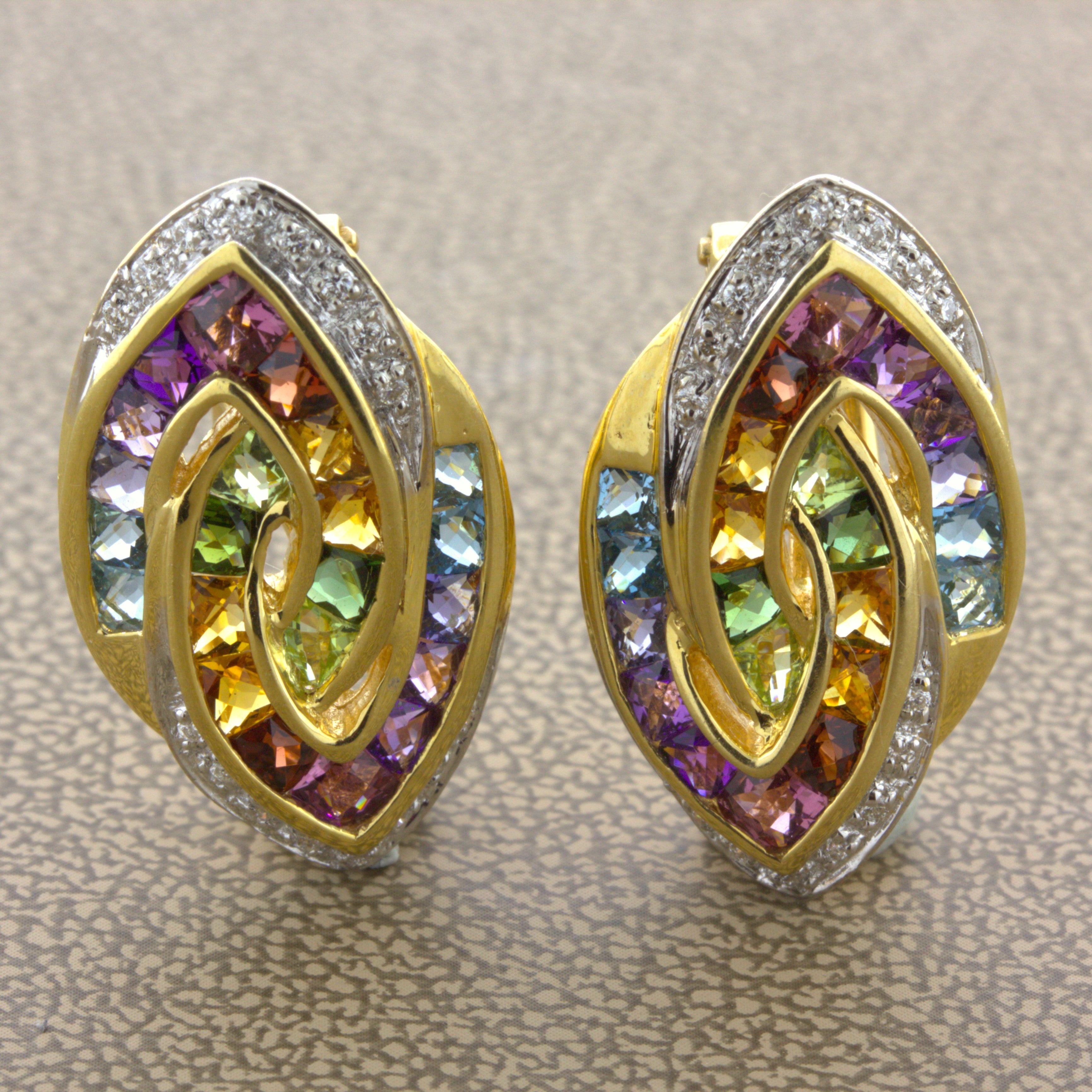 Bellarri Multi-Color Gemstone Diamond 18k Yellow Gold Earrings