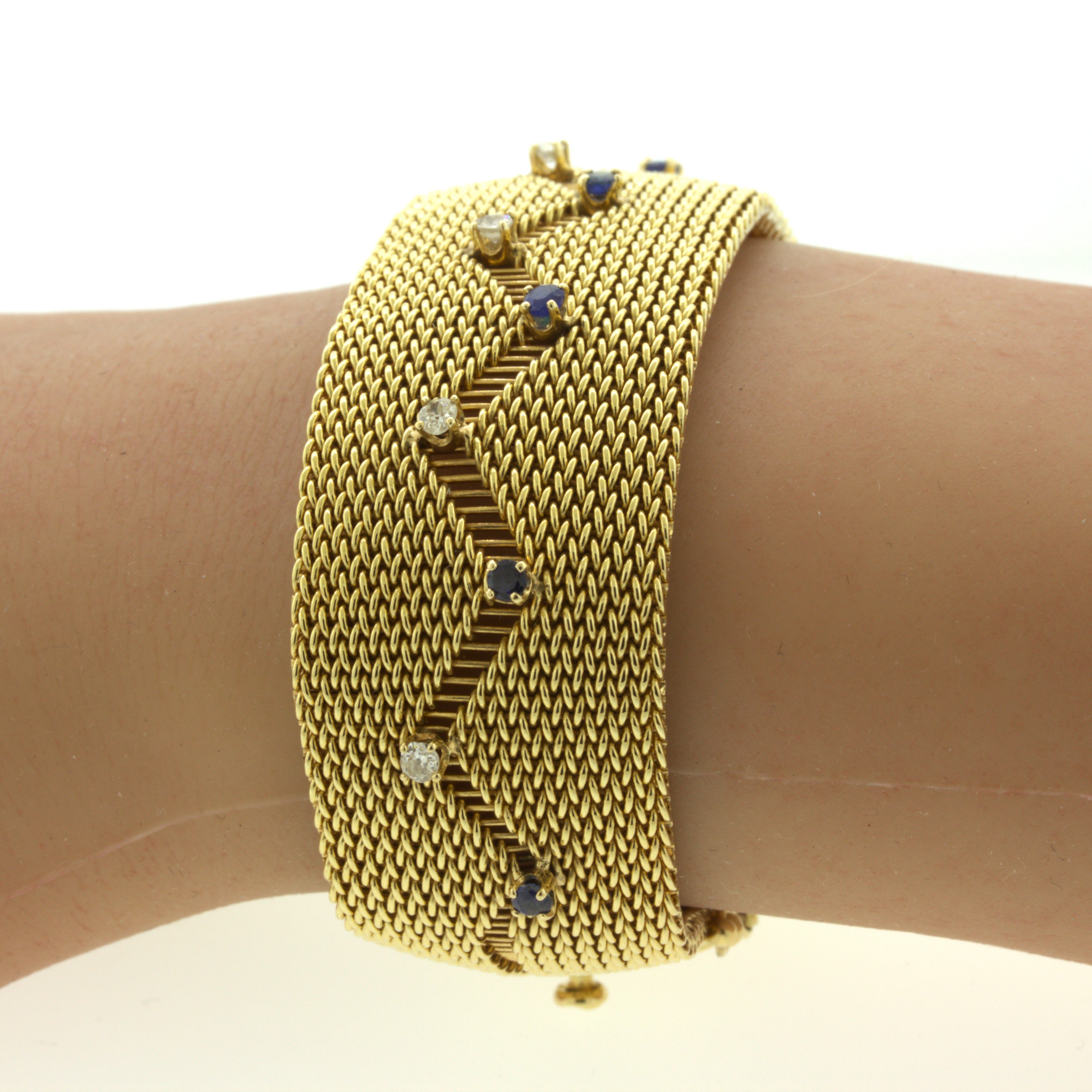 Retro Diamond Sapphire 14k Yellow Gold Mesh Bracelet