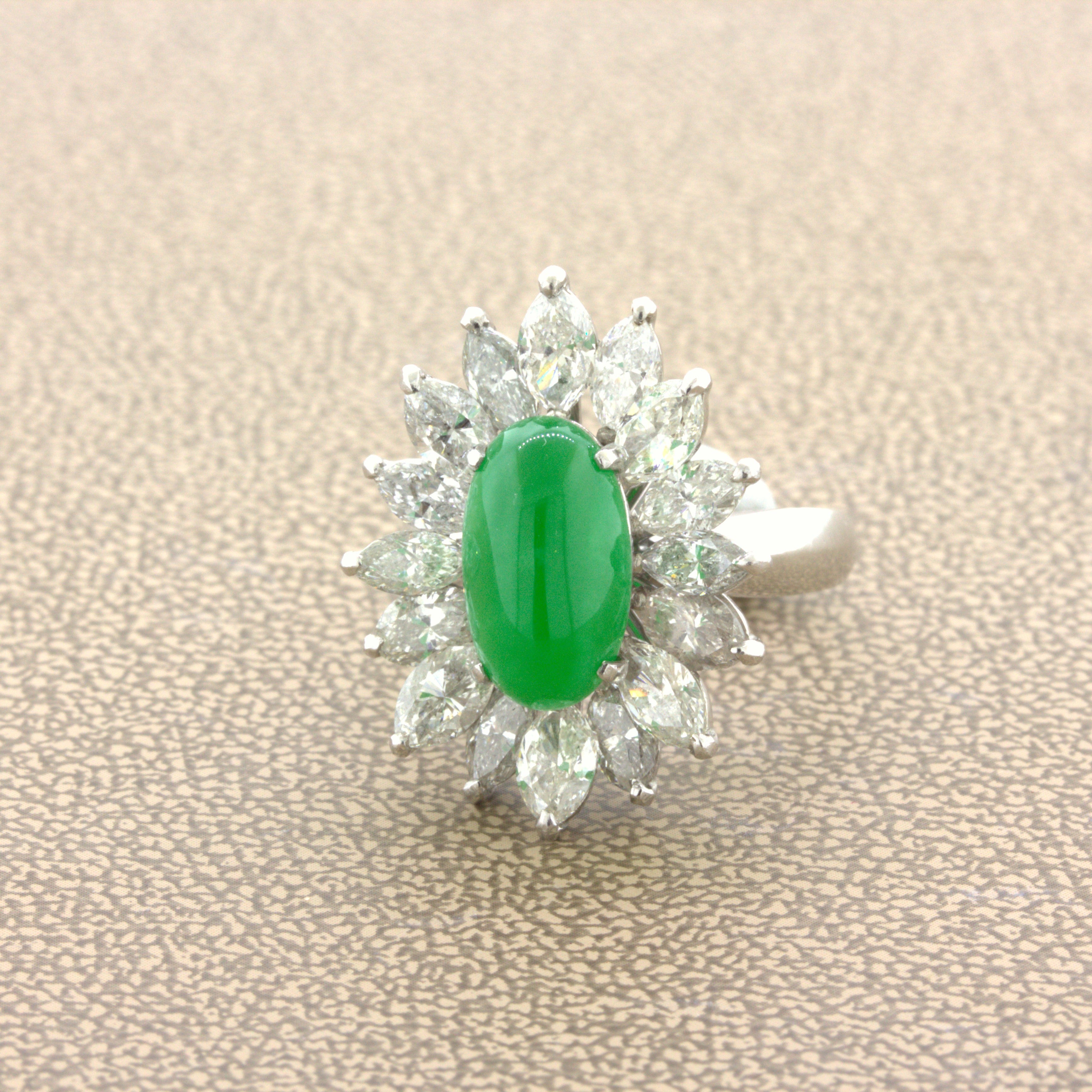 4.13 Carat Jadeite Jade Diamond Sunburst Platinum Ring, GIA Certified “Type A”