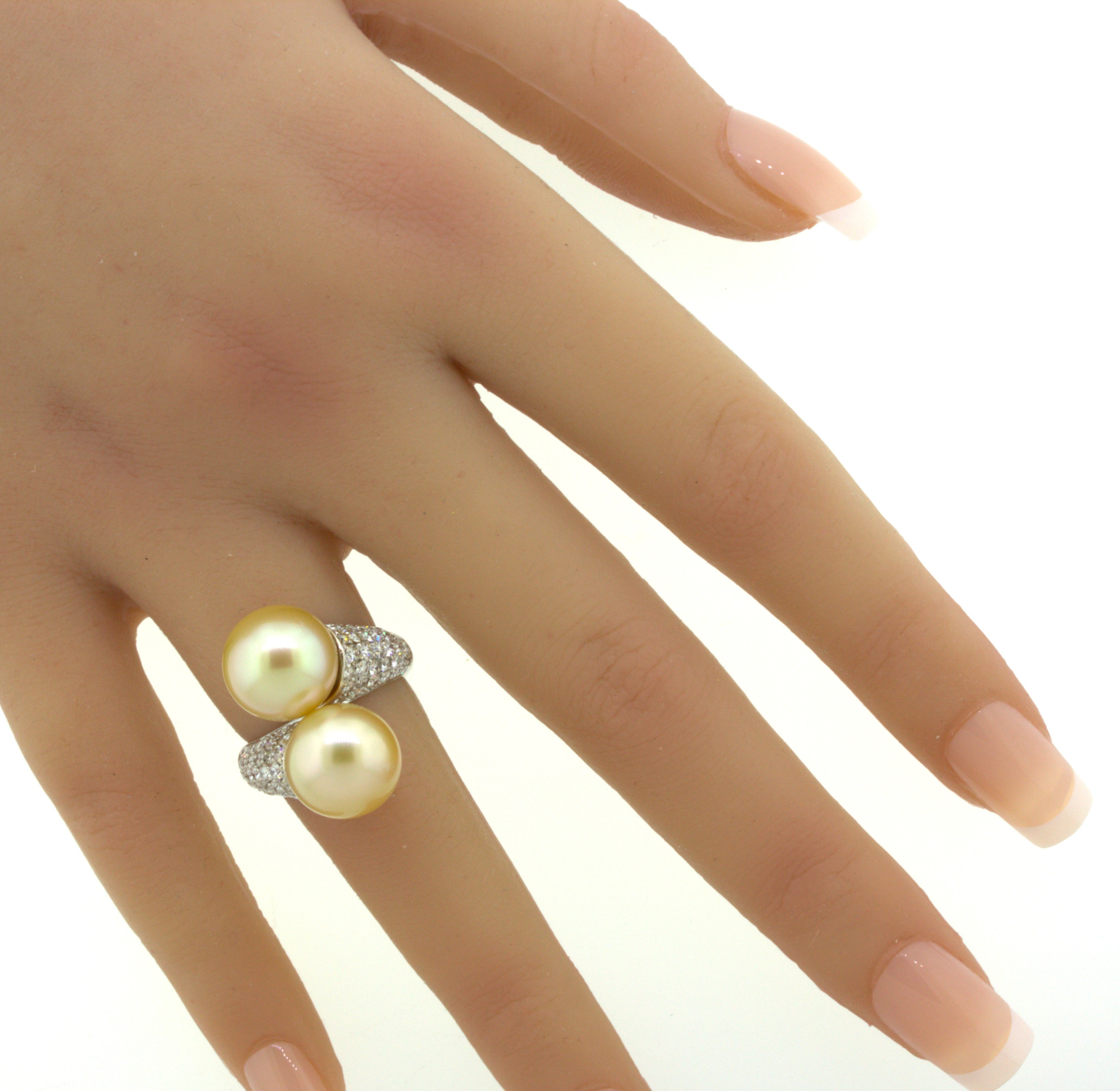 South Sea Golden Pearl Diamond 18K White Gold Bypass Ring