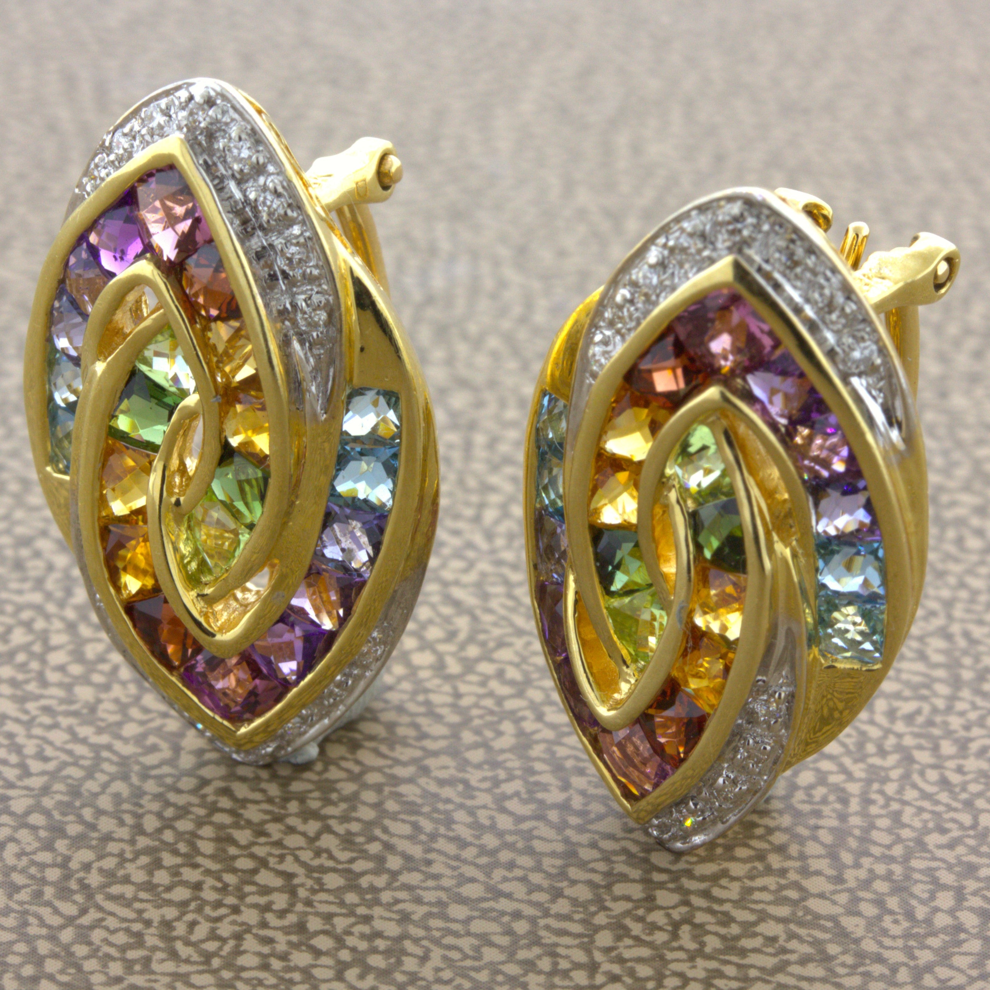 Bellarri Multi-Color Gemstone Diamond 18k Yellow Gold Earrings