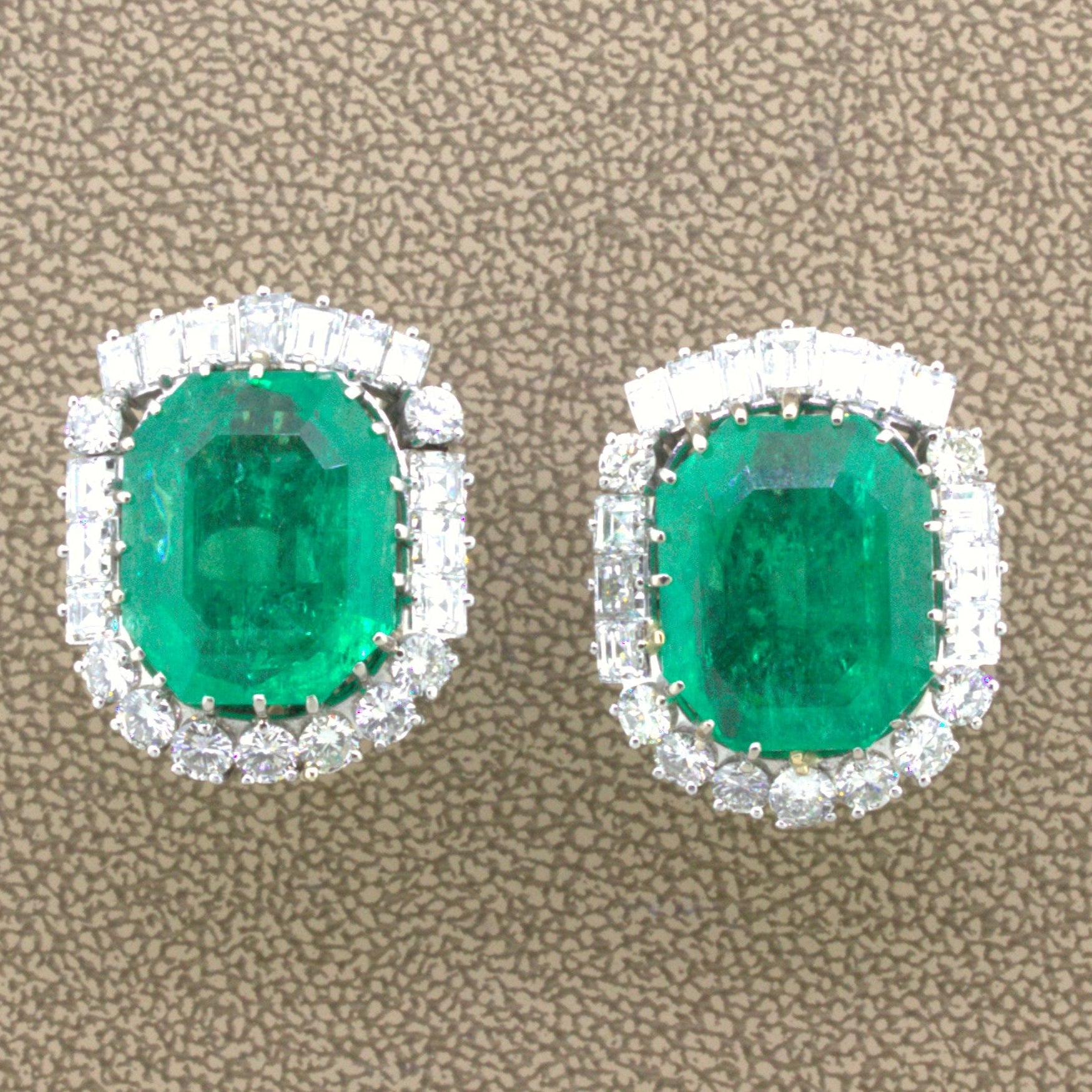 Mid-Century 25.04 Carat Colombian Emerald Diamond 18K Gold Earrings, GIA Cert.