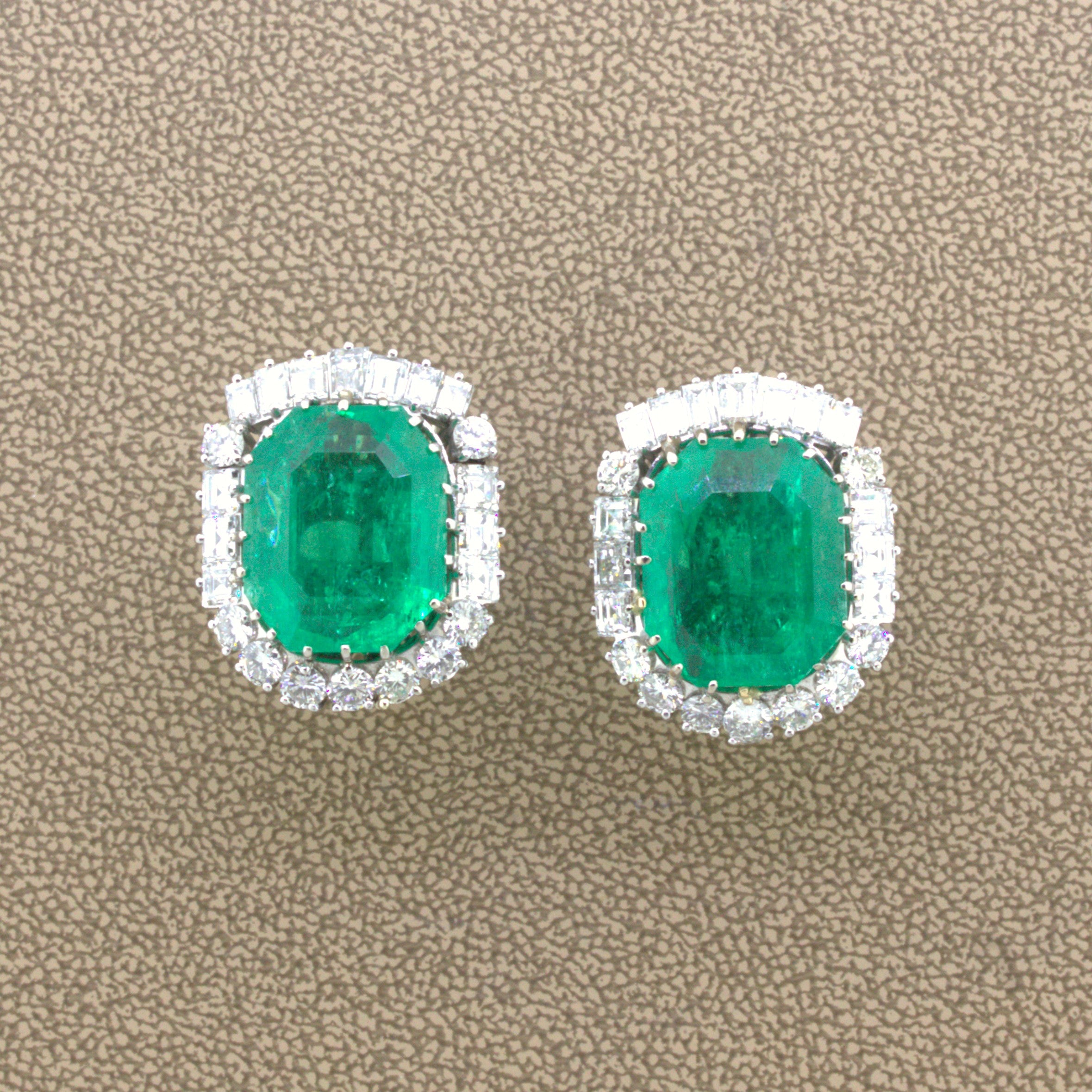 Mid-Century 25.04 Carat Colombian Emerald Diamond 18K Gold Earrings, GIA Cert.