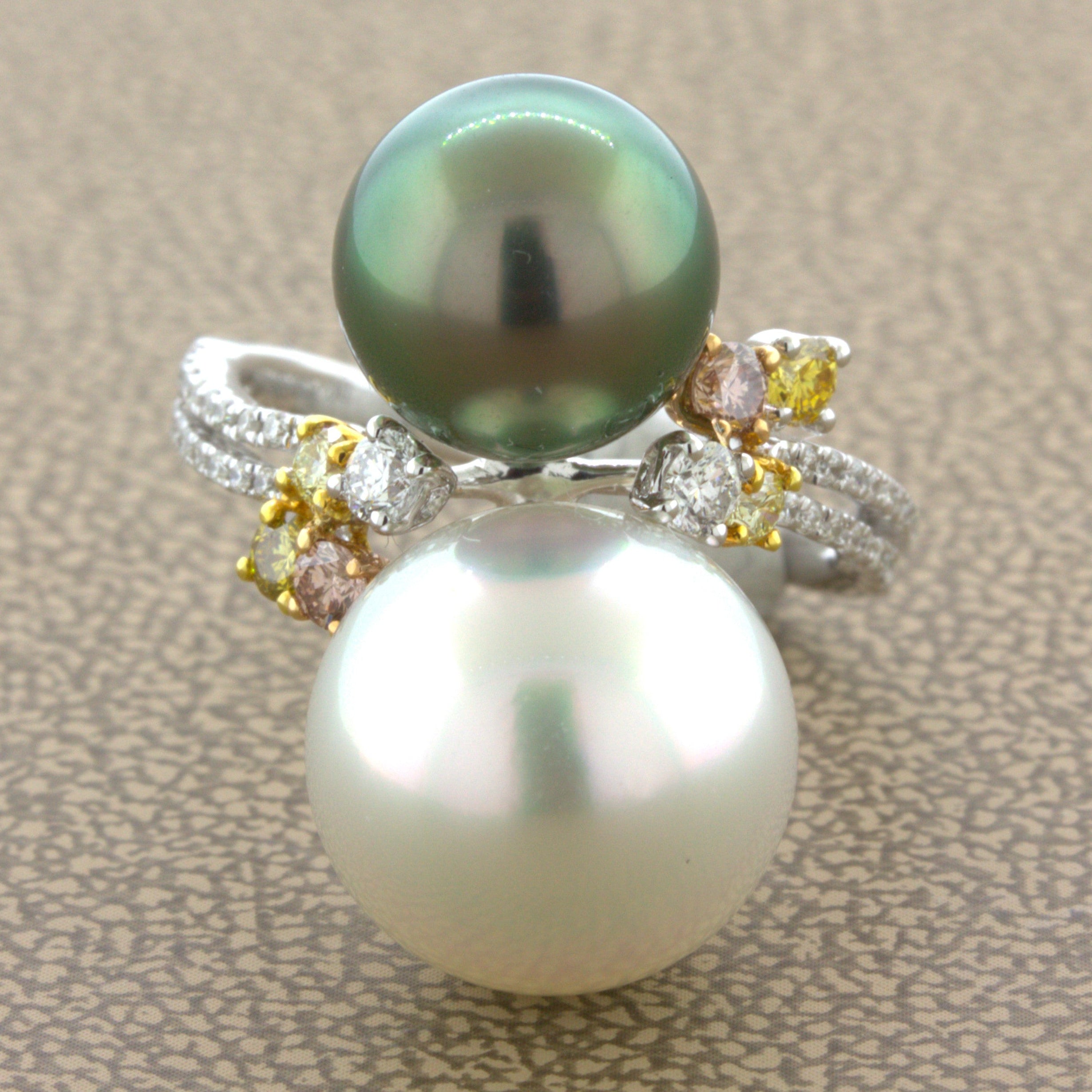 Superb South Sea & Tahitian Pearl Fancy-Color Diamond 18K White Gold Ring