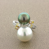 Superb South Sea & Tahitian Pearl Fancy-Color Diamond 18K White Gold Ring