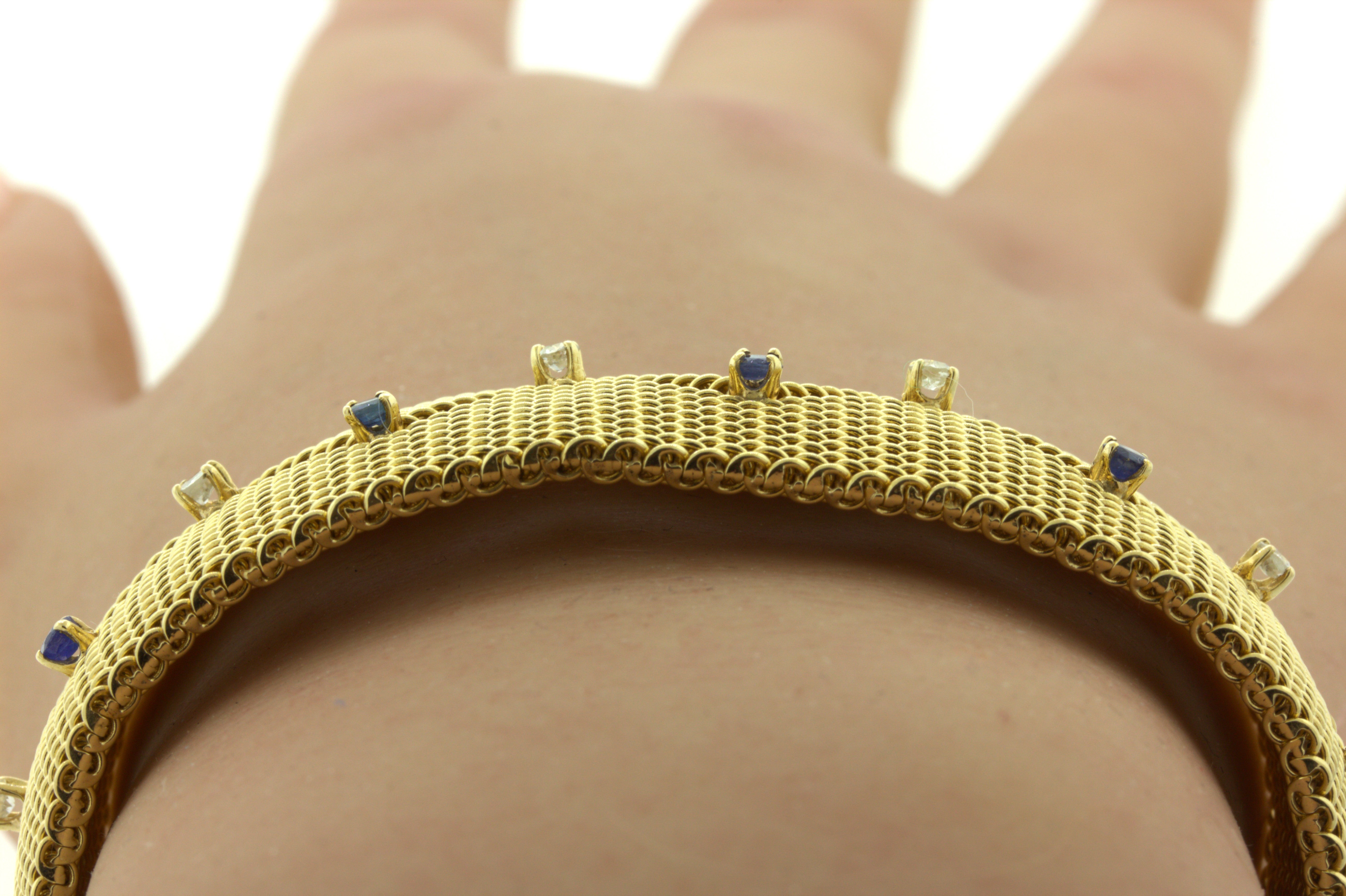 Retro Diamond Sapphire 14k Yellow Gold Mesh Bracelet