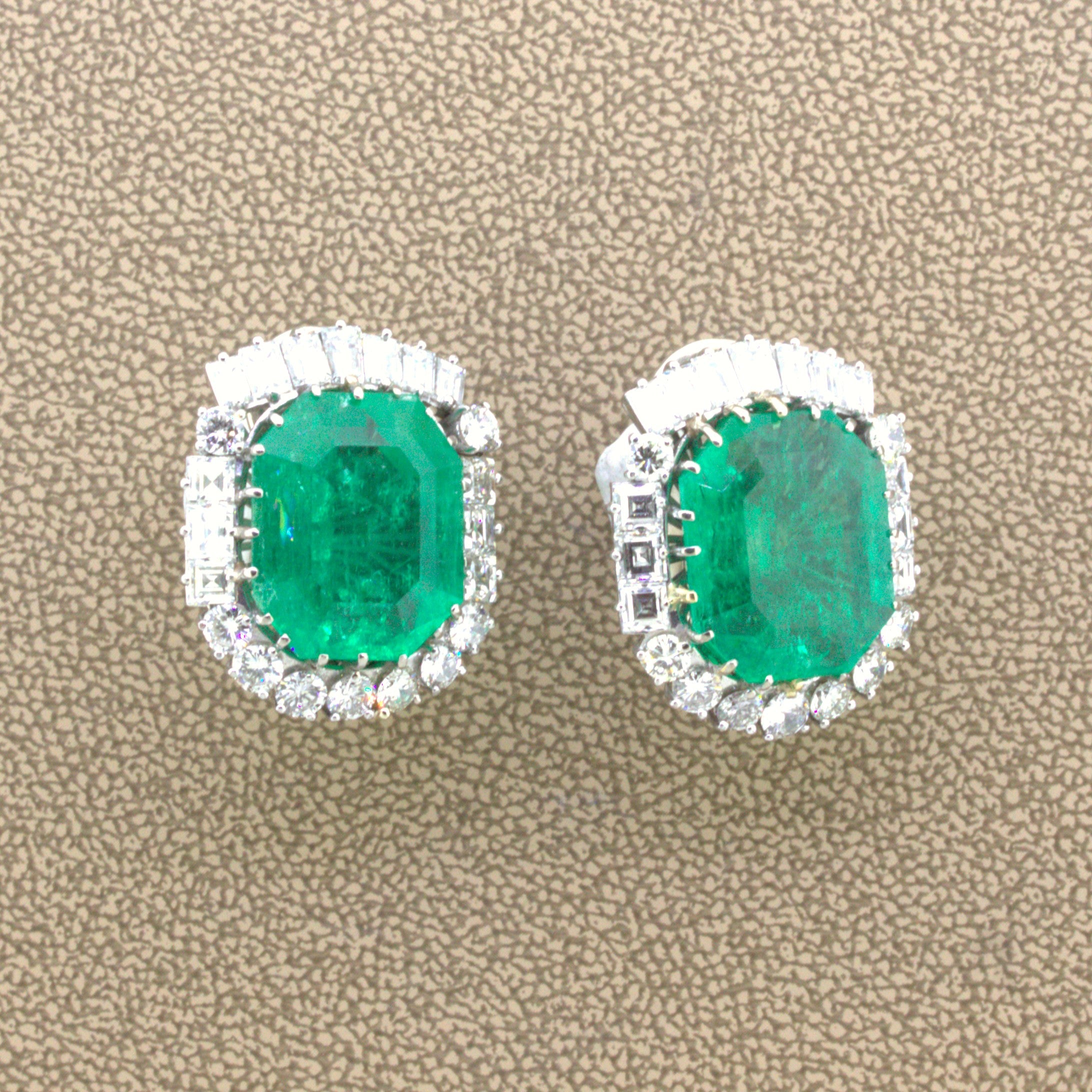 Mid-Century 25.04 Carat Colombian Emerald Diamond 18K Gold Earrings, GIA Cert.