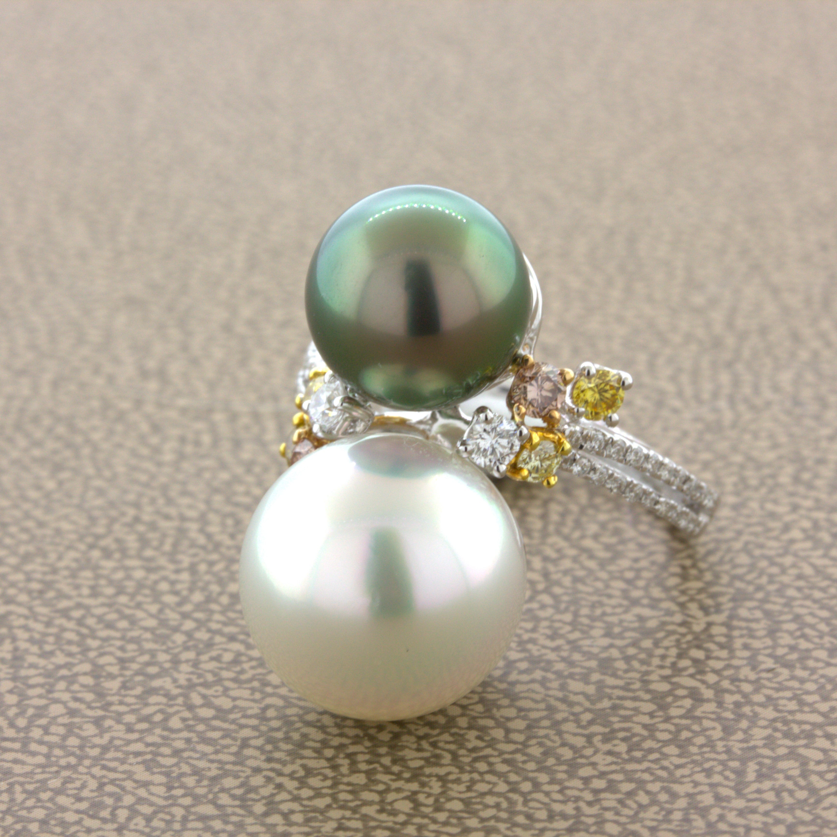 Superb South Sea & Tahitian Pearl Fancy-Color Diamond 18K White Gold Ring