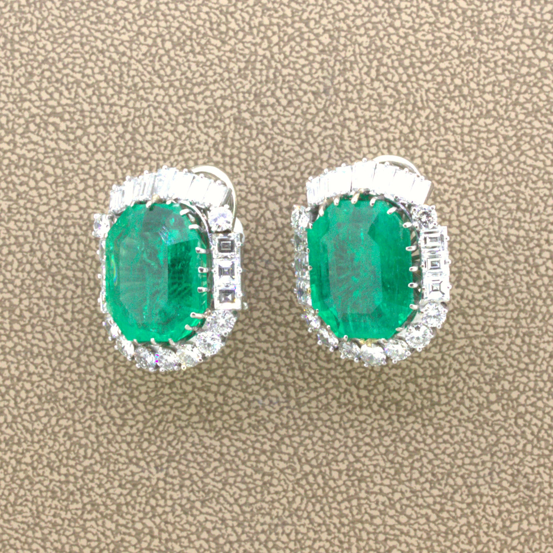 Mid-Century 25.04 Carat Colombian Emerald Diamond 18K Gold Earrings, GIA Cert.