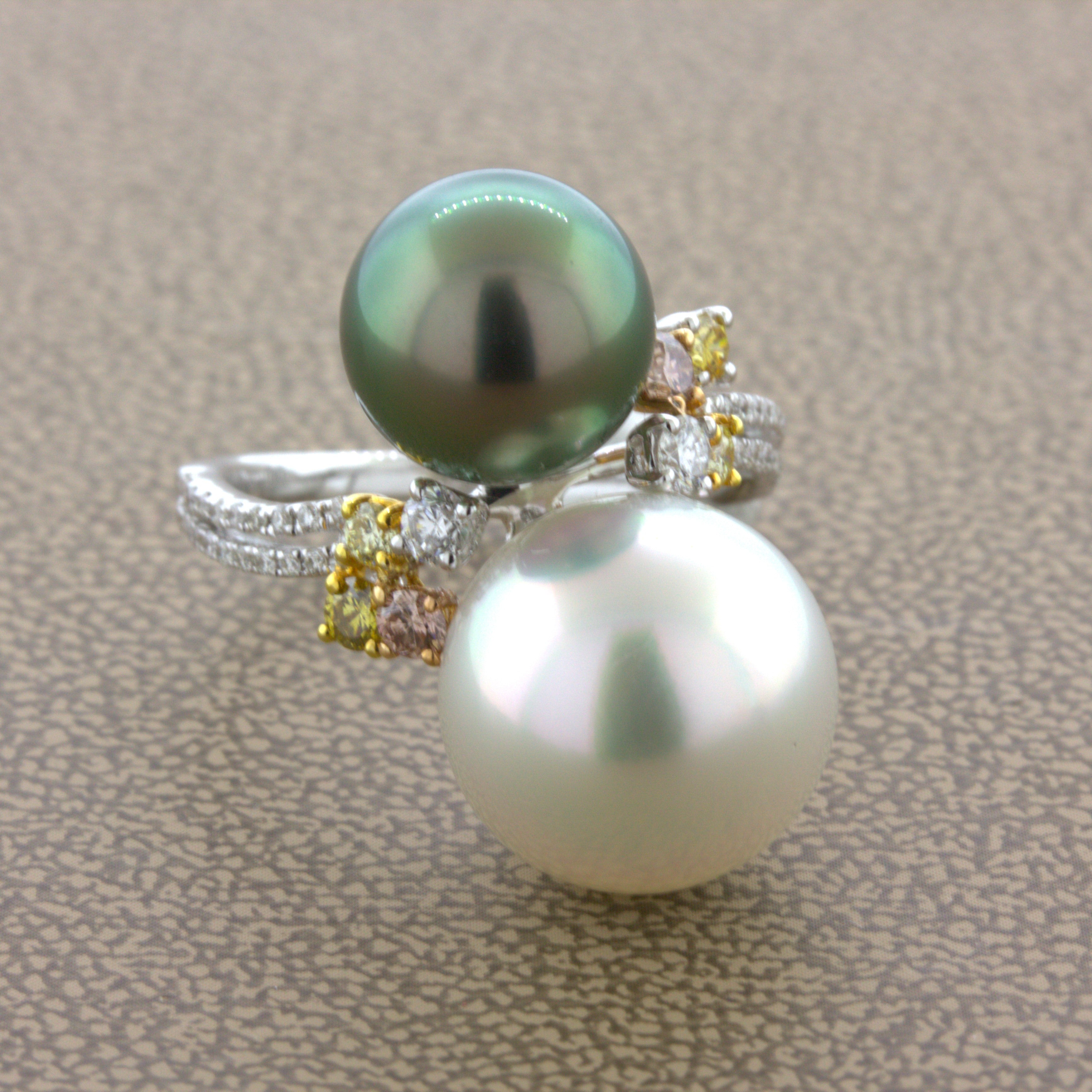 Superb South Sea & Tahitian Pearl Fancy-Color Diamond 18K White Gold Ring