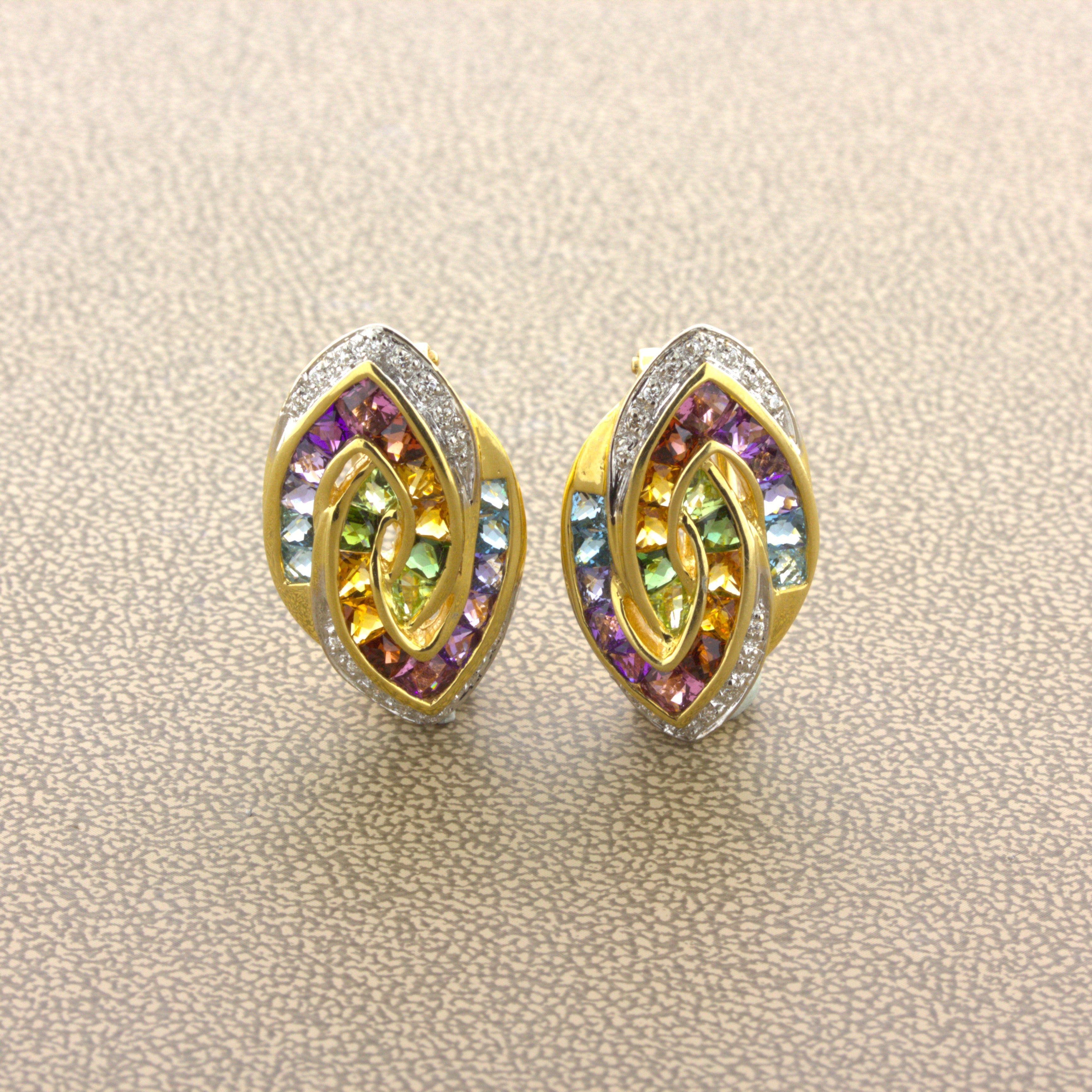 Bellarri Multi-Color Gemstone Diamond 18k Yellow Gold Earrings