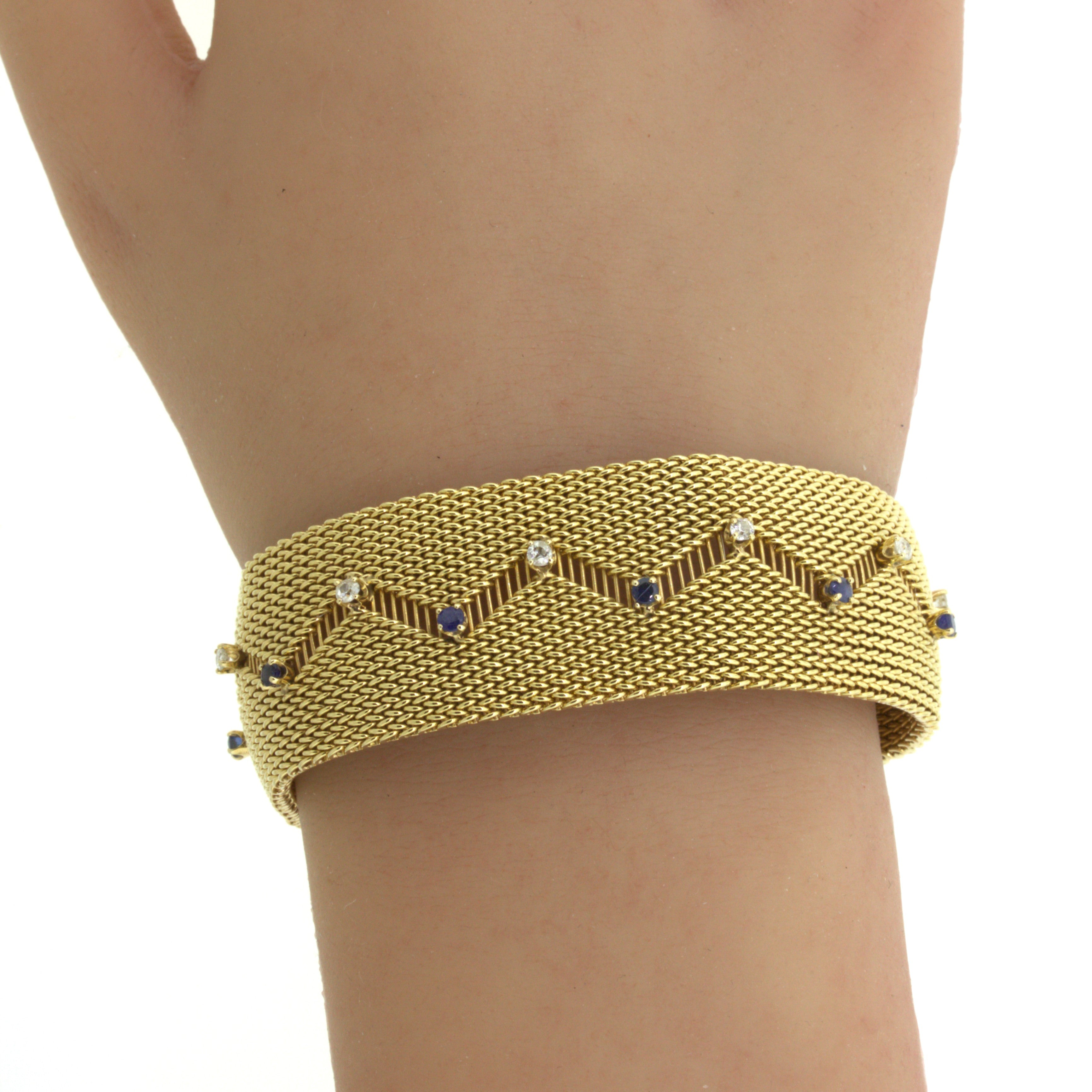 Retro Diamond Sapphire 14k Yellow Gold Mesh Bracelet