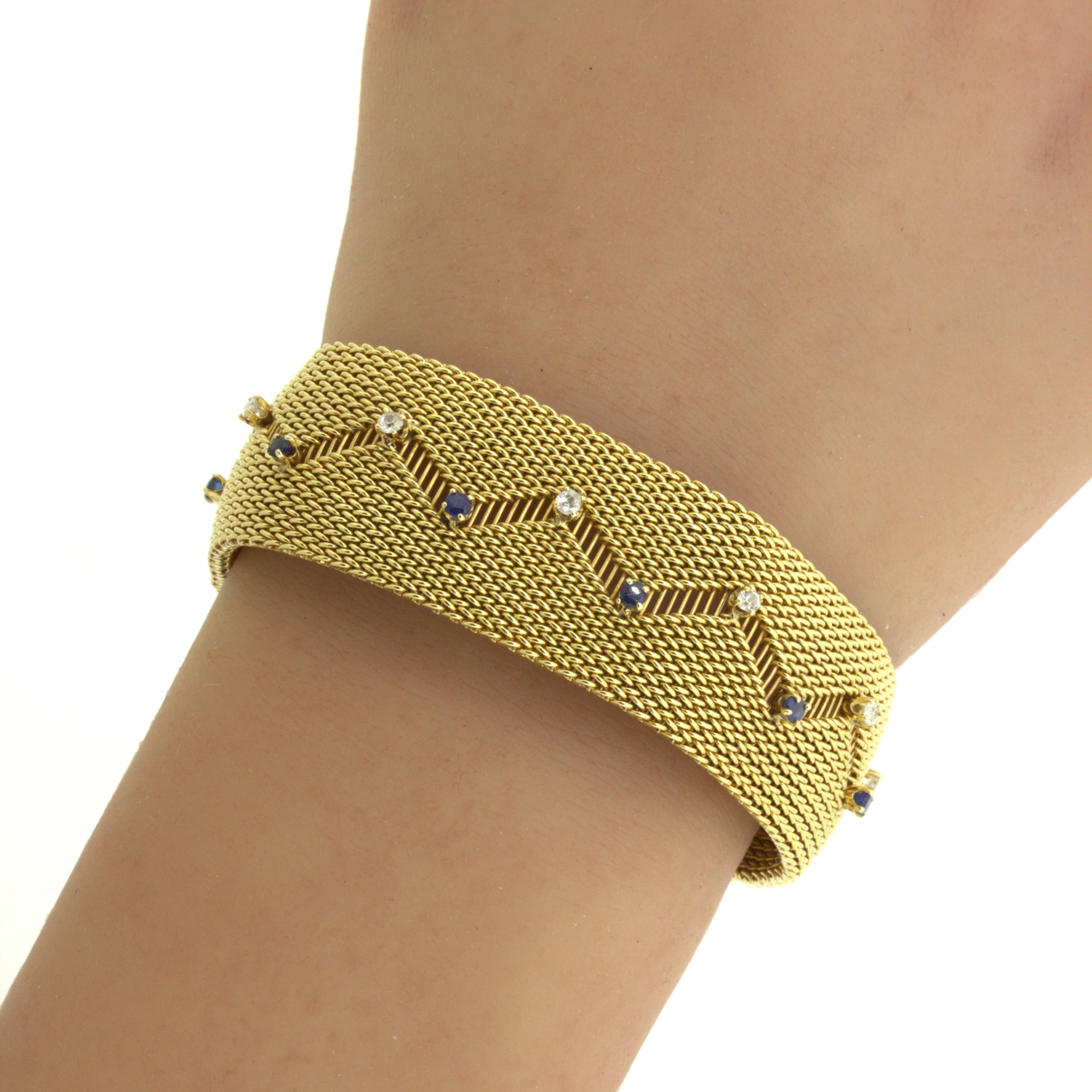 Retro Diamond Sapphire 14k Yellow Gold Mesh Bracelet