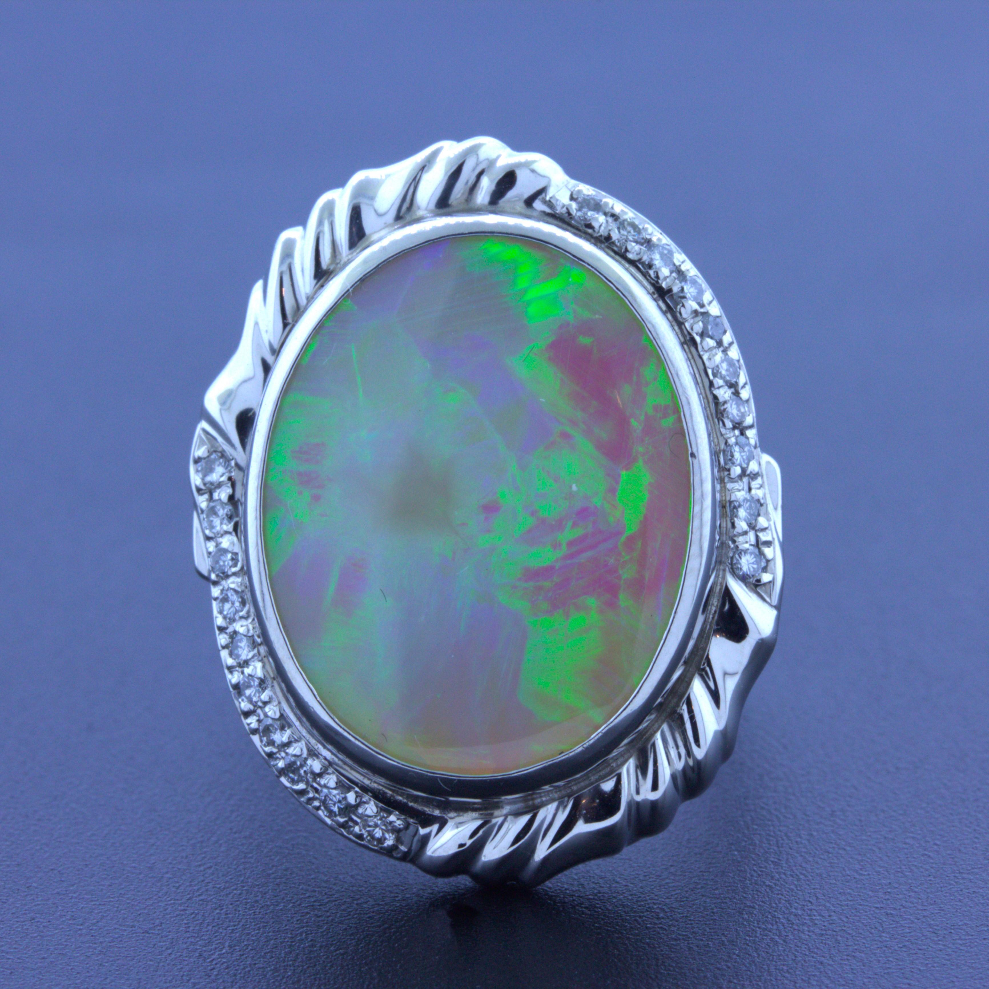 12.56 Carat Australian Opal Diamond Platinum Ring