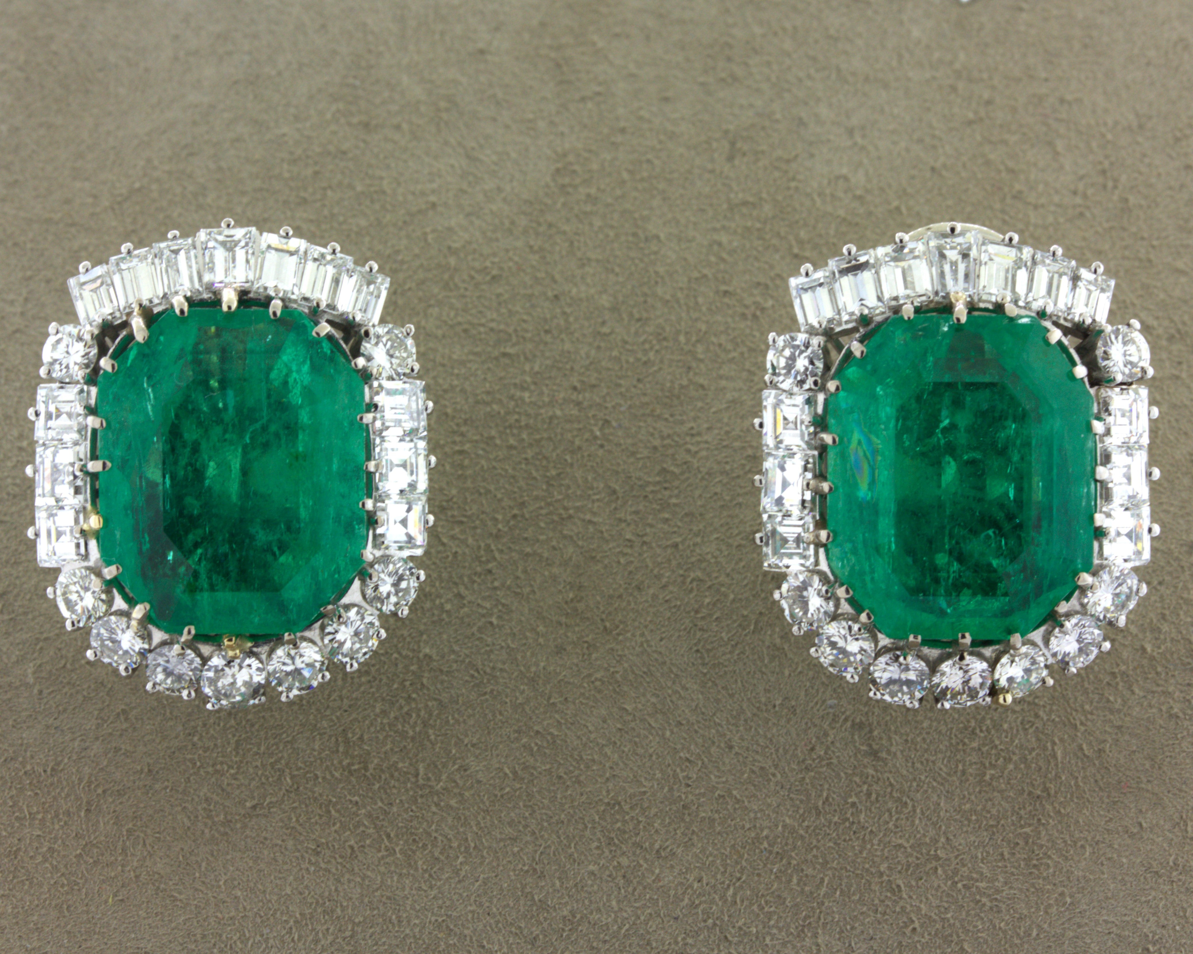 Mid-Century 25.04 Carat Colombian Emerald Diamond 18K Gold Earrings, GIA Cert.