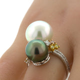 Superb South Sea & Tahitian Pearl Fancy-Color Diamond 18K White Gold Ring