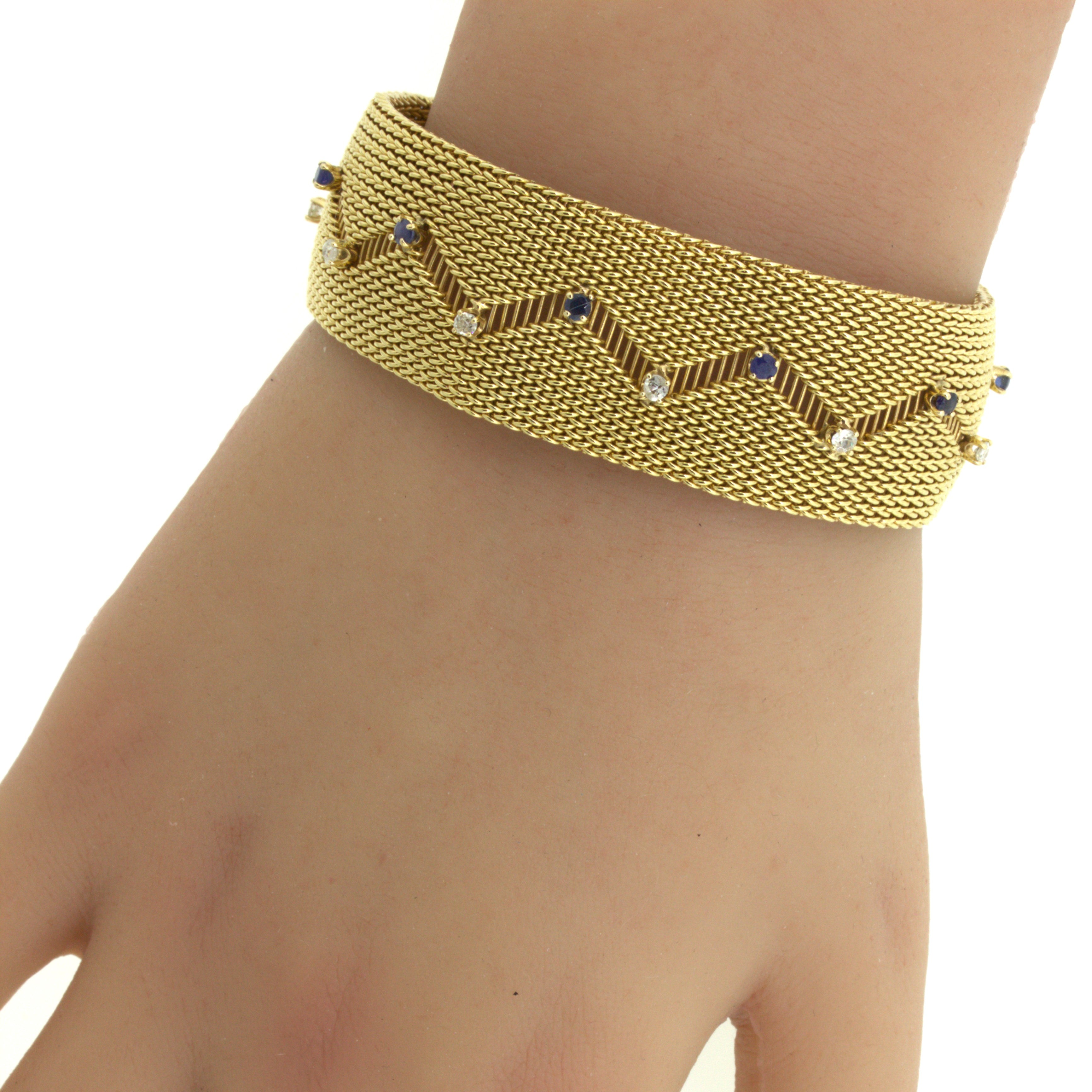 Retro Diamond Sapphire 14k Yellow Gold Mesh Bracelet