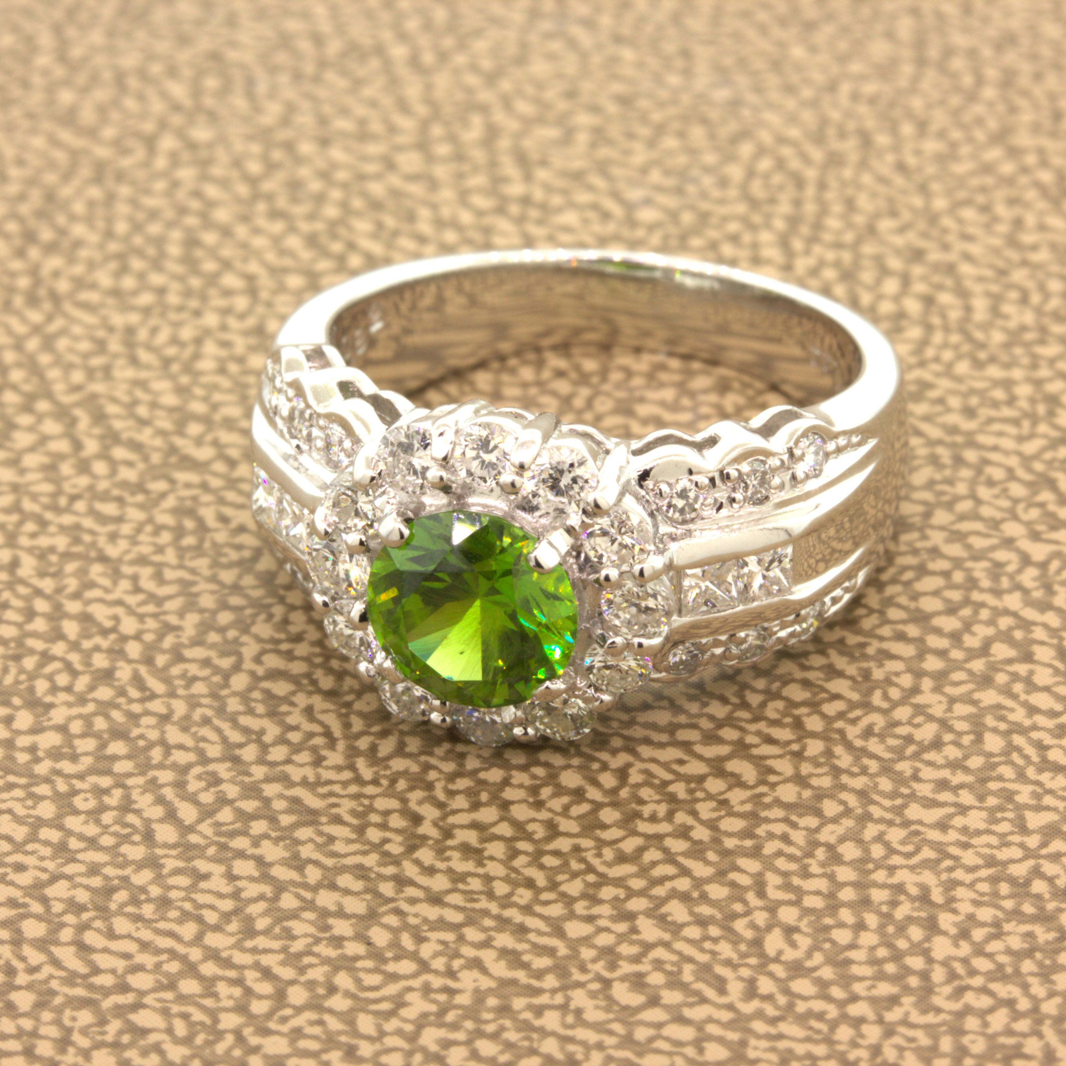 1.44 Carat Russian Demantoid Garnet Diamond Platinum Ring