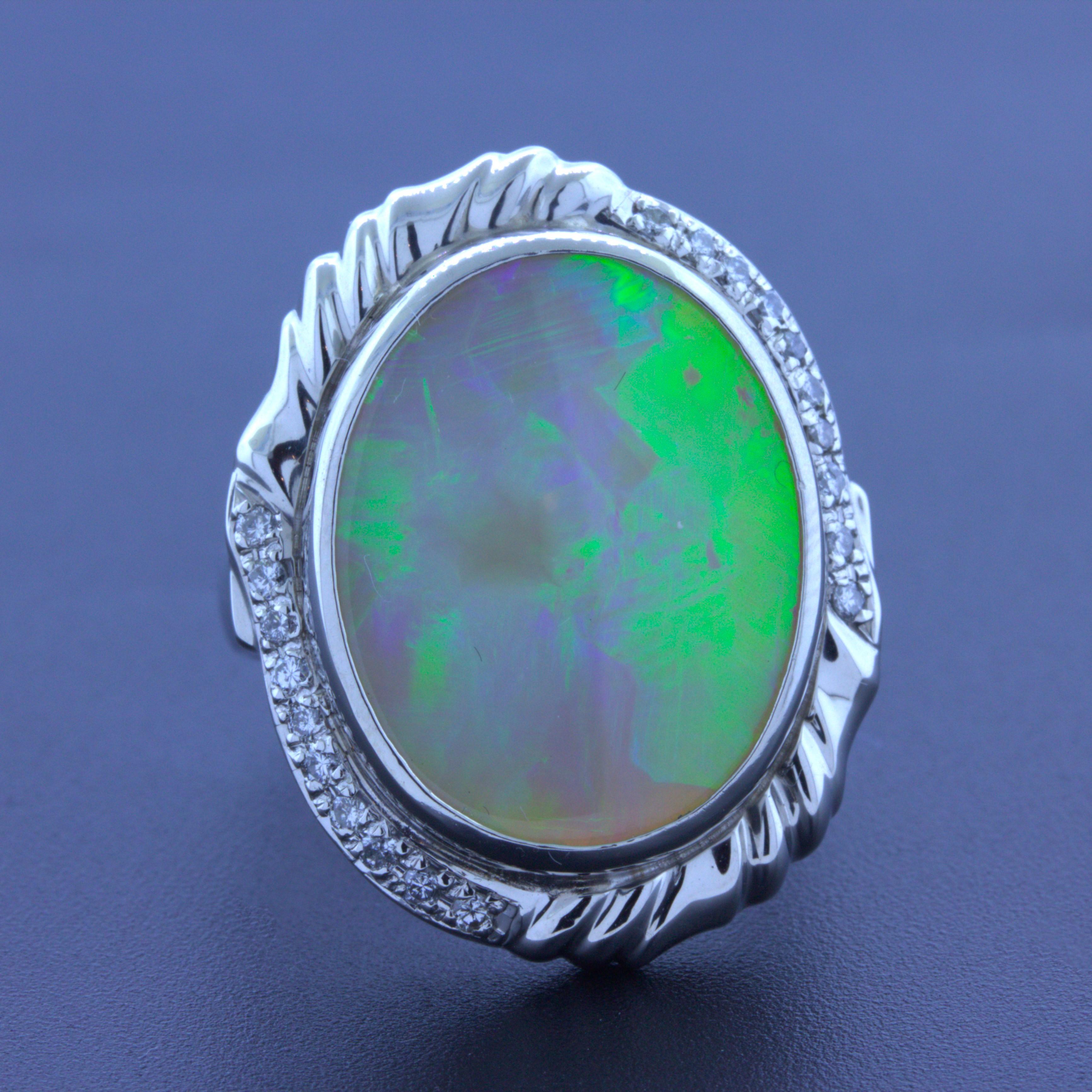 12.56 Carat Australian Opal Diamond Platinum Ring