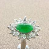 4.13 Carat Jadeite Jade Diamond Sunburst Platinum Ring, GIA Certified “Type A”
