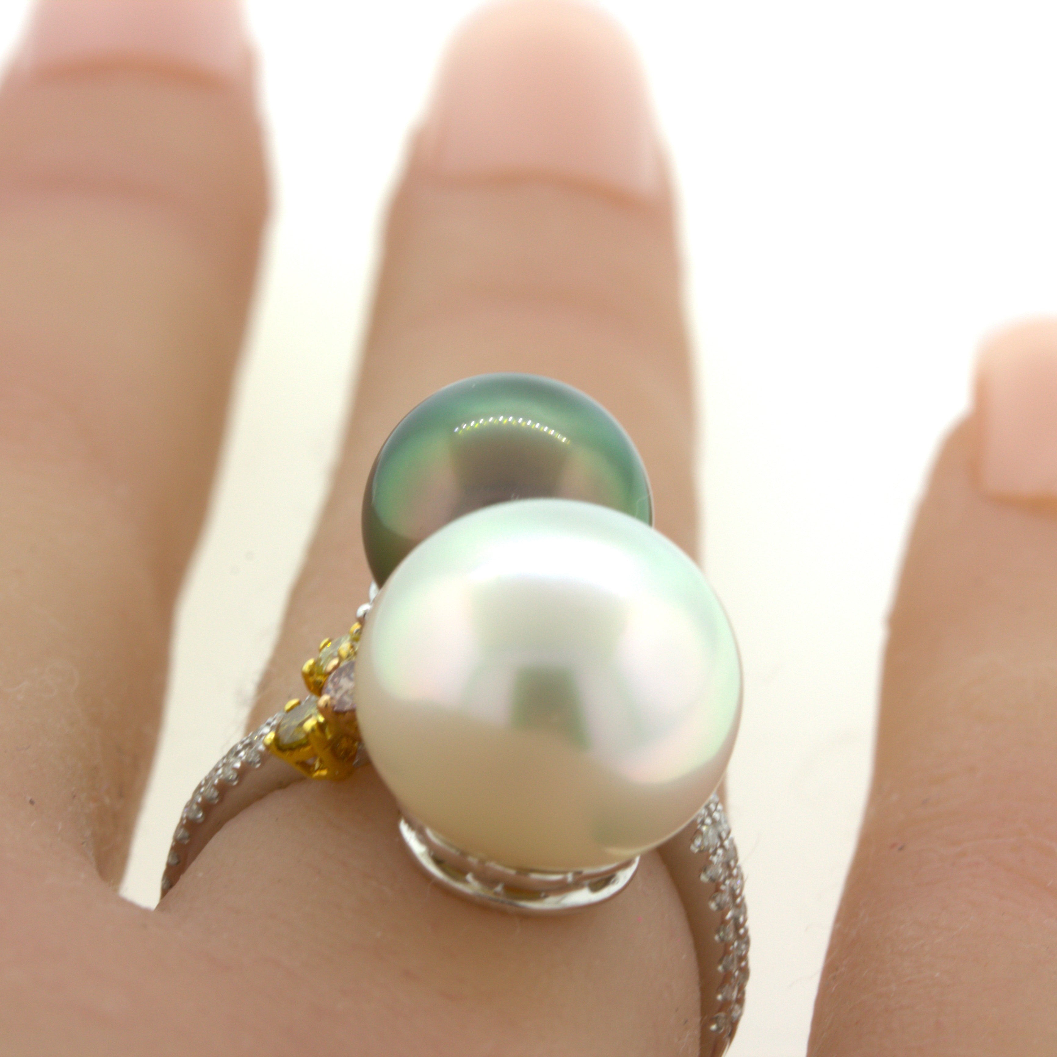 Superb South Sea & Tahitian Pearl Fancy-Color Diamond 18K White Gold Ring