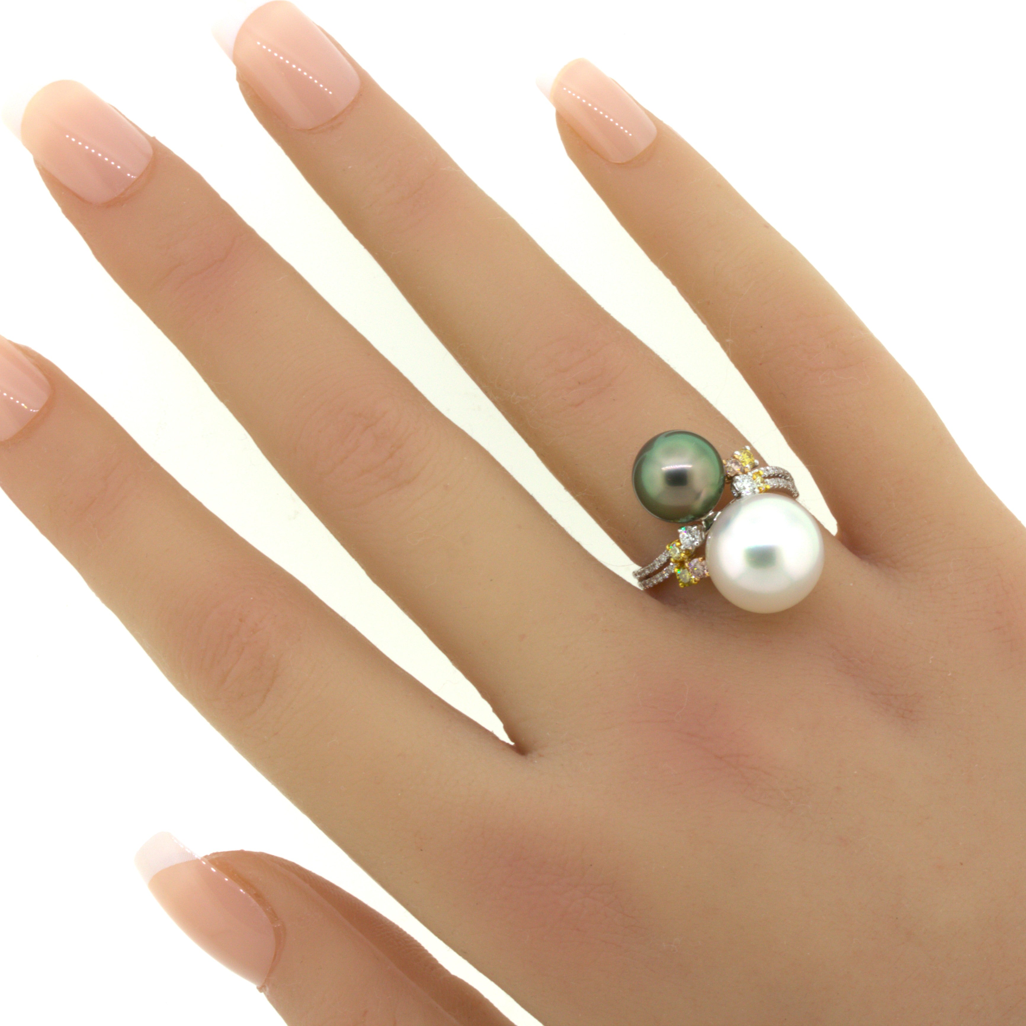 Superb South Sea & Tahitian Pearl Fancy-Color Diamond 18K White Gold Ring