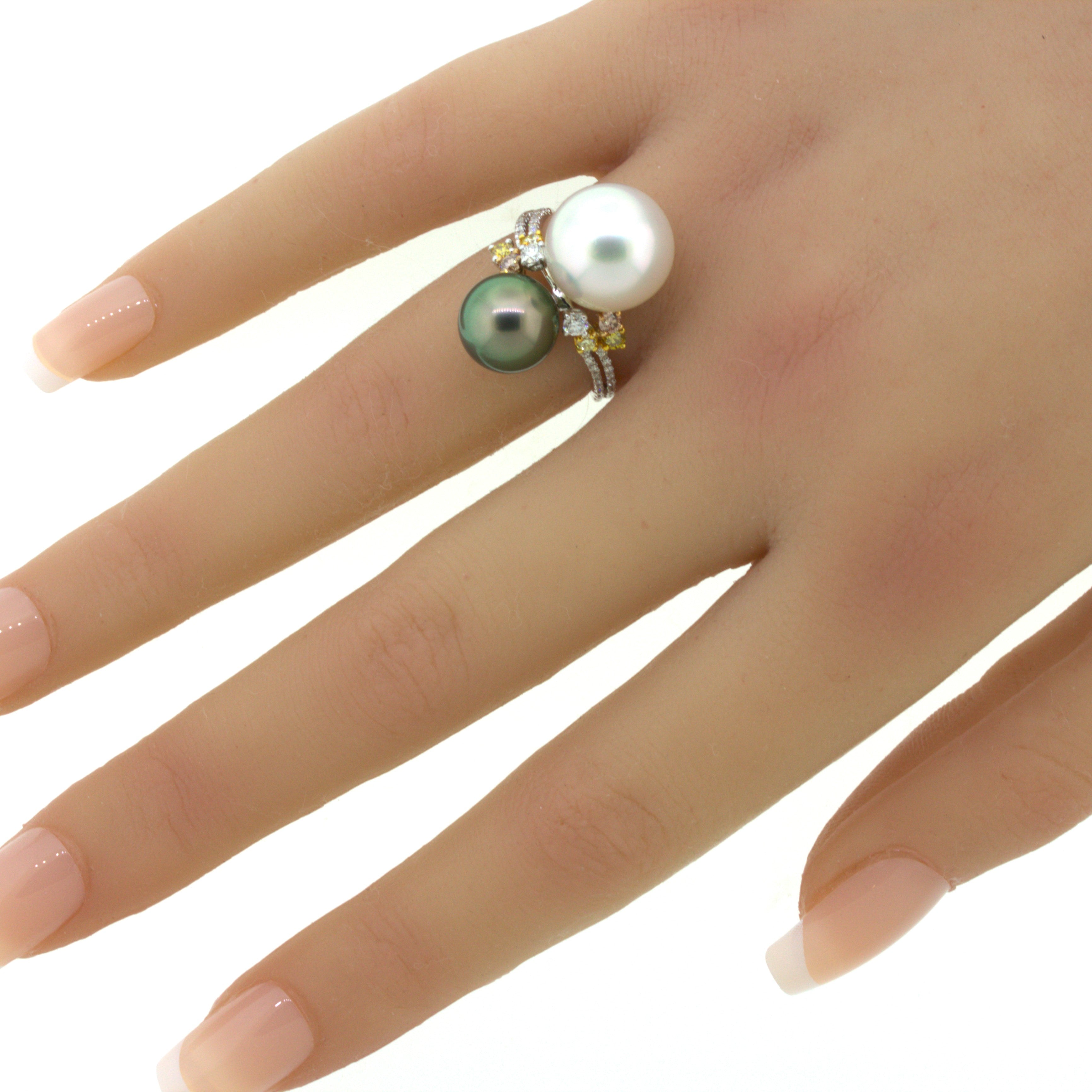 Superb South Sea & Tahitian Pearl Fancy-Color Diamond 18K White Gold Ring