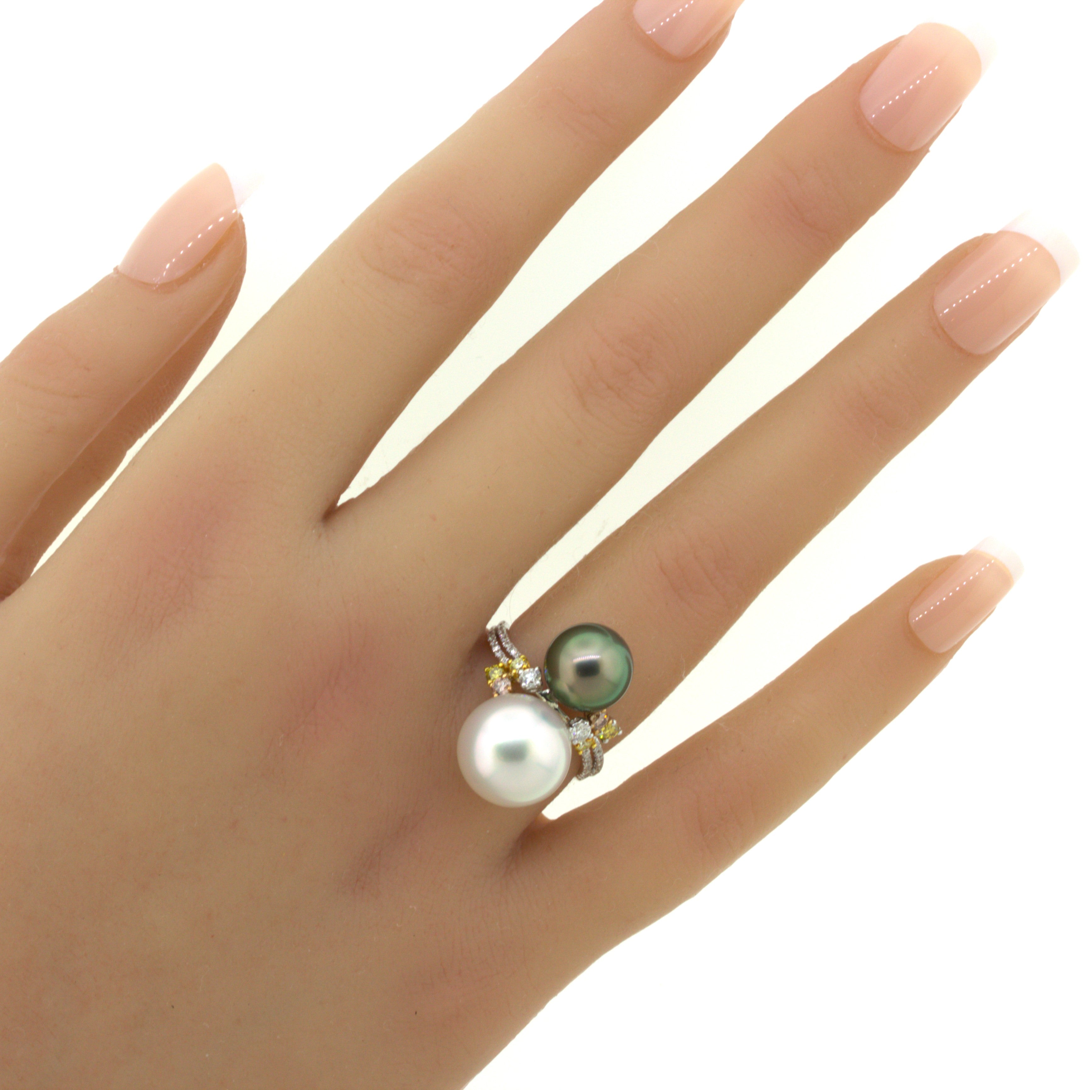 Superb South Sea & Tahitian Pearl Fancy-Color Diamond 18K White Gold Ring