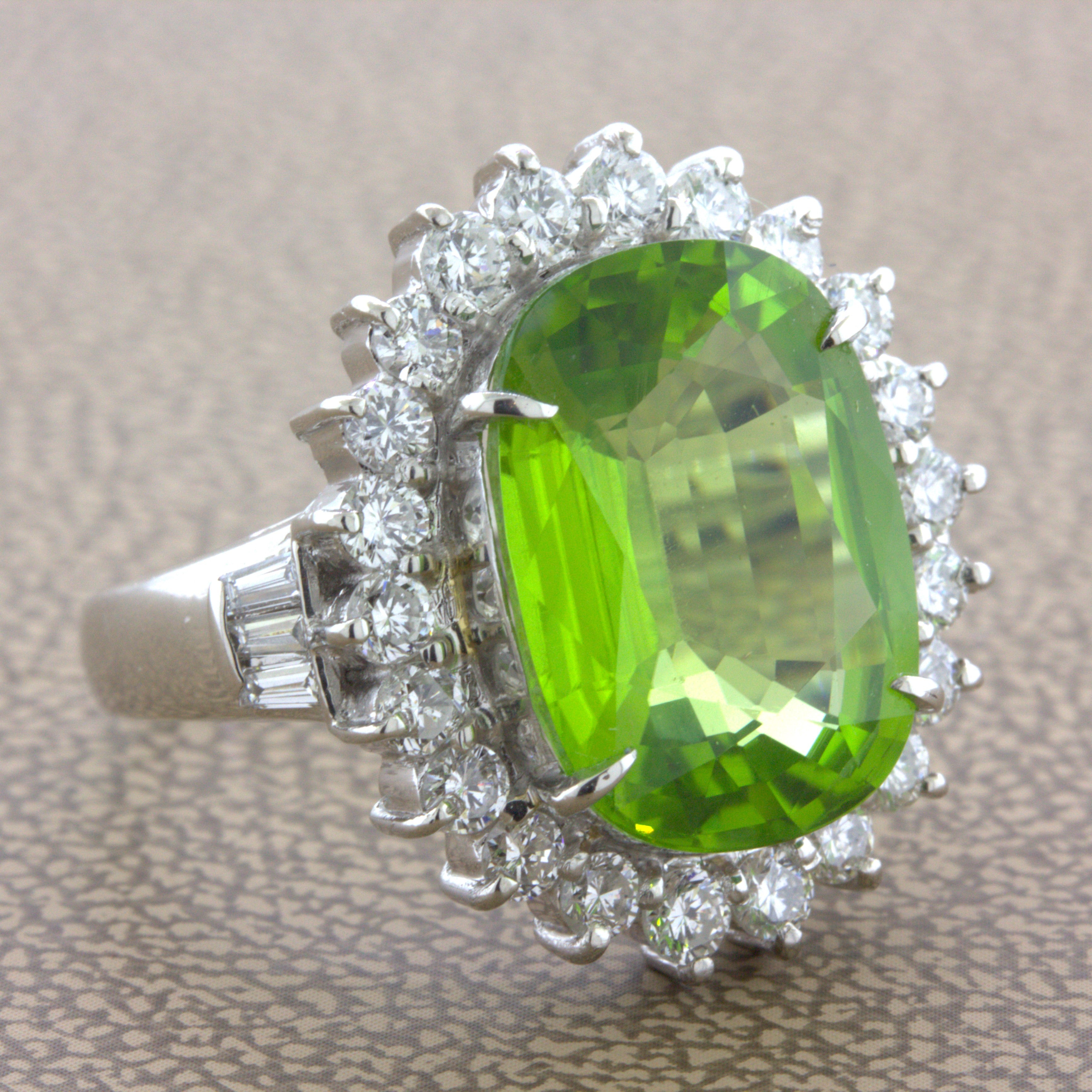 7.92 Carat Peridot Diamond Halo Platinum Ring