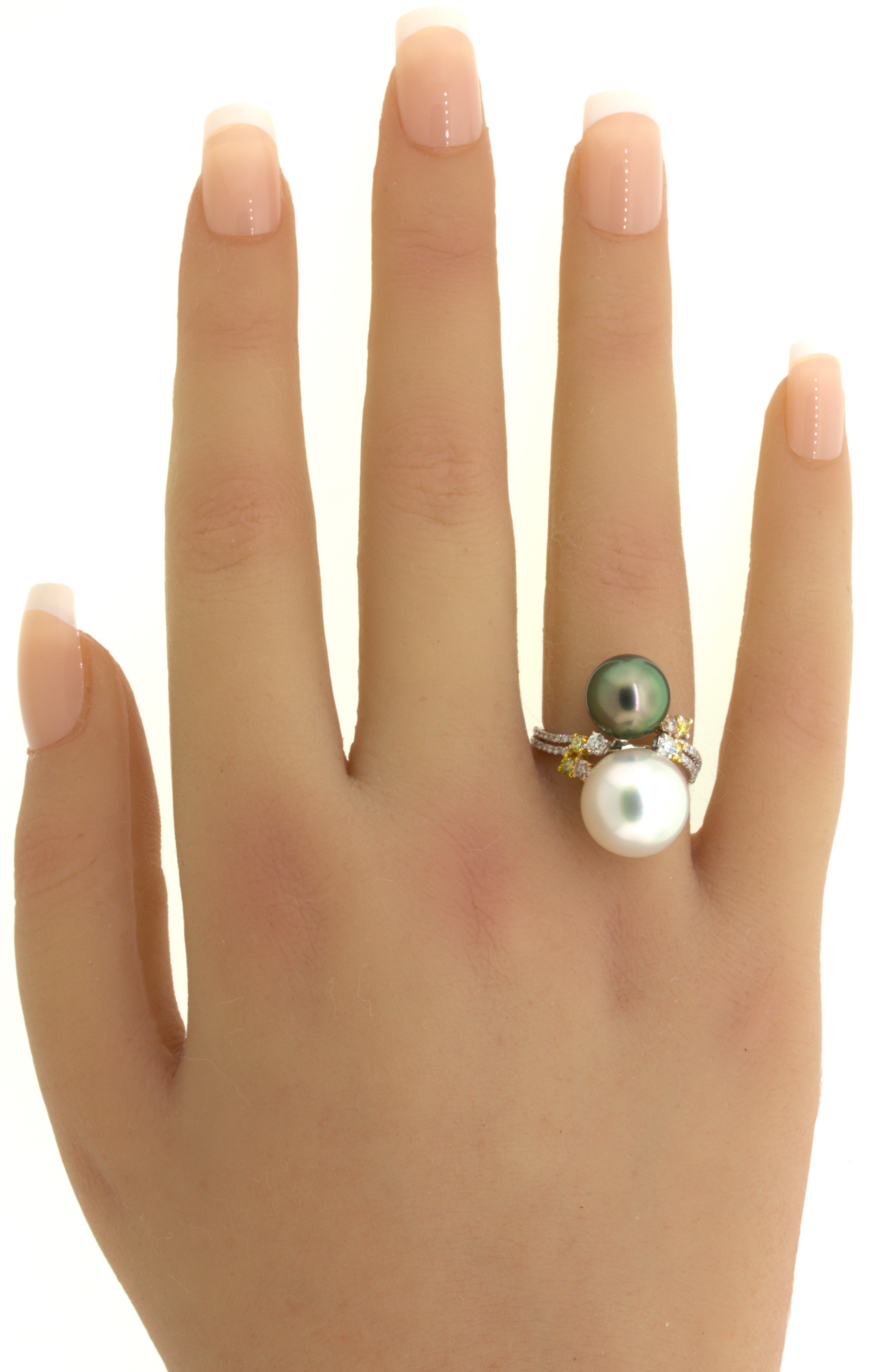 Superb South Sea & Tahitian Pearl Fancy-Color Diamond 18K White Gold Ring