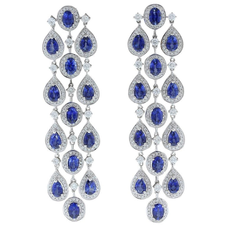 Blue Sapphire Diamond Gold Chandelier Drop Earrings