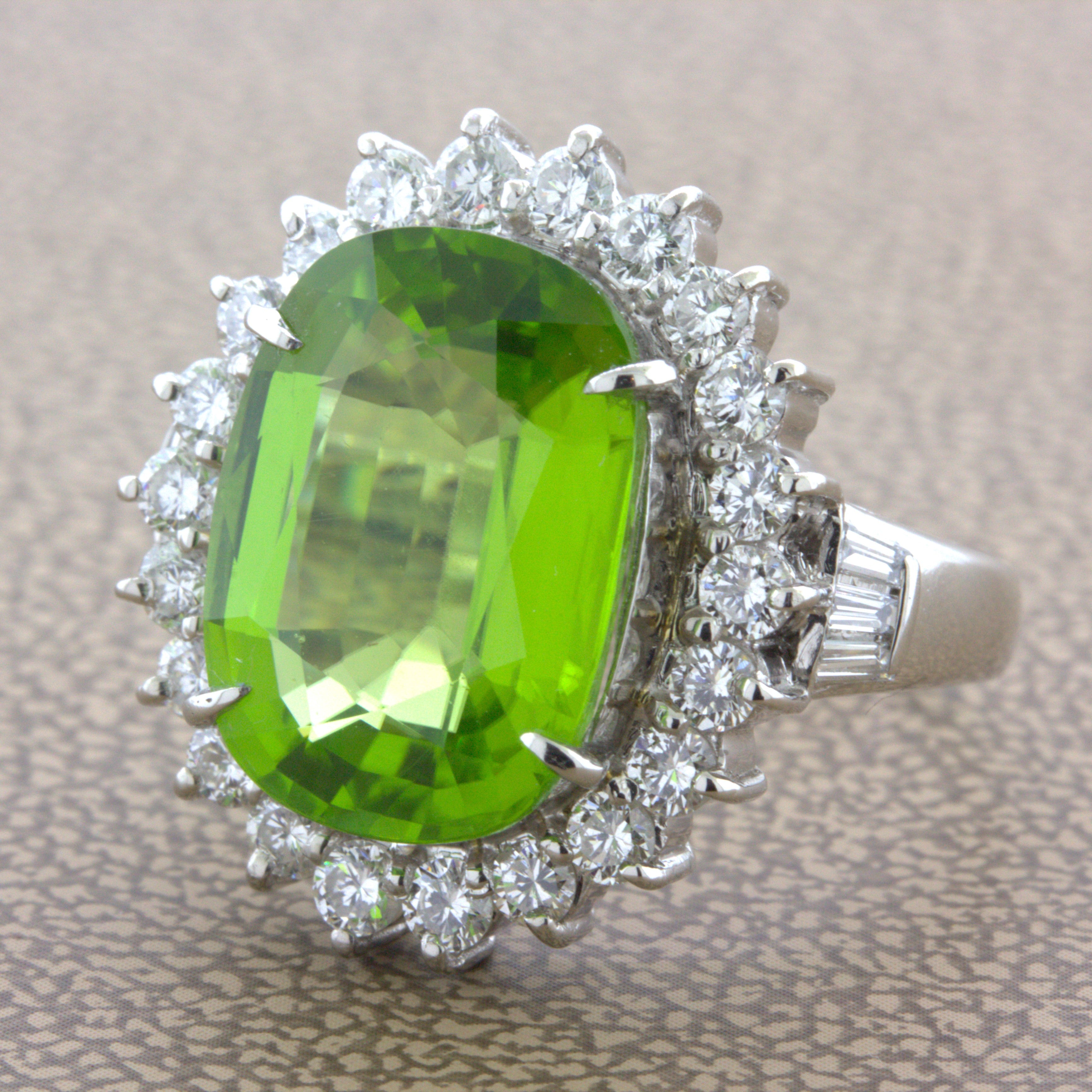 7.92 Carat Peridot Diamond Halo Platinum Ring