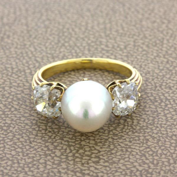 Antique Natural Pearl Diamond 18k Yellow Gold Ring, GIA Certified