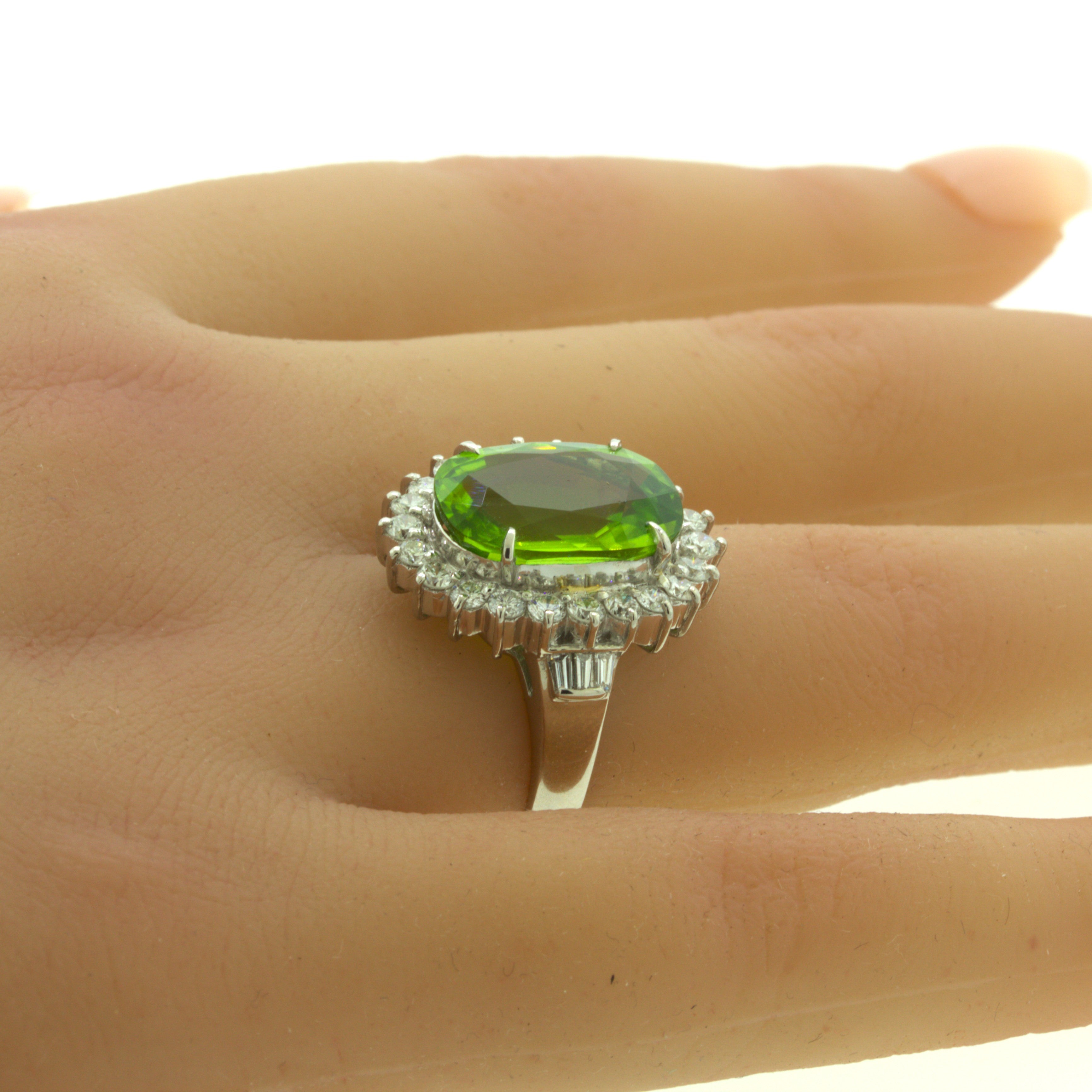 7.92 Carat Peridot Diamond Halo Platinum Ring